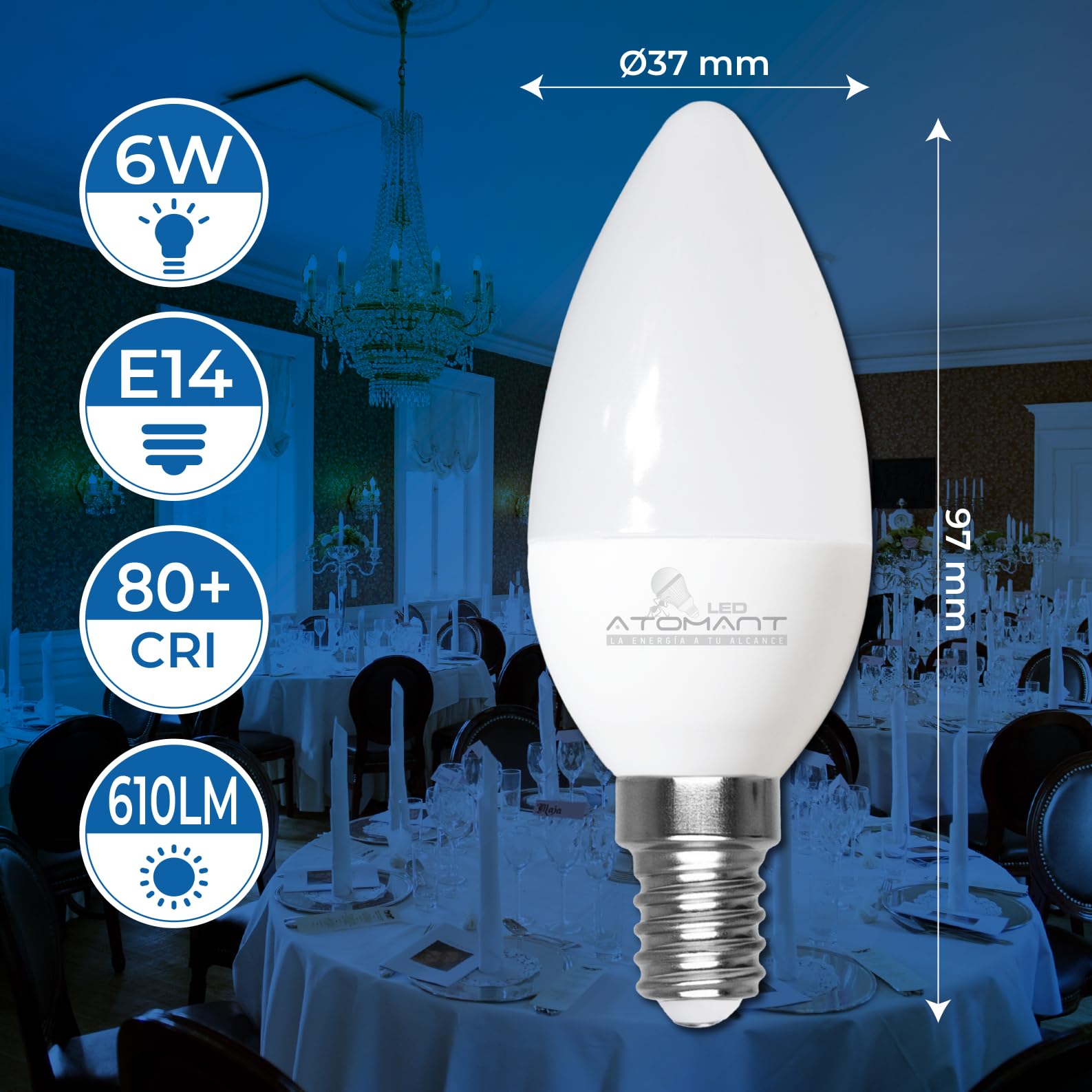 LED ATOMANT Pack 10x Bombilla LED E14 Vela C37 6W, Color Blanco Frio, 610 Lumenes, Casquillo fino, Equivalente a 60W tradicional