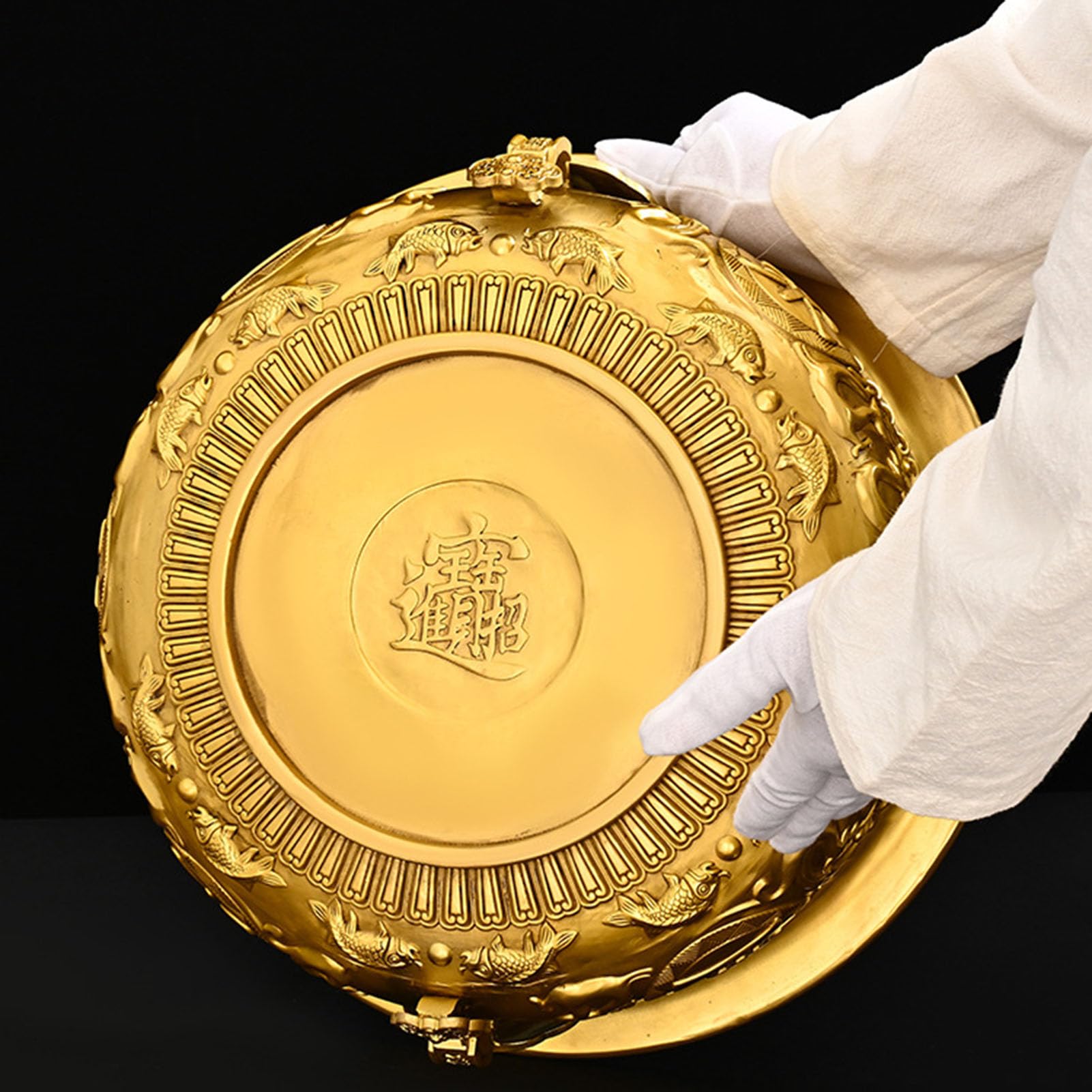 Ozdobna miska Feng Shui ze złotego mosiądzu - ręcznie wykonana umywalka ze skarbami dla bogactwa i dobrobytu, dekoracyjna metalowa ozdoba na biurko w domu Dekoracja ołtarza,20CM