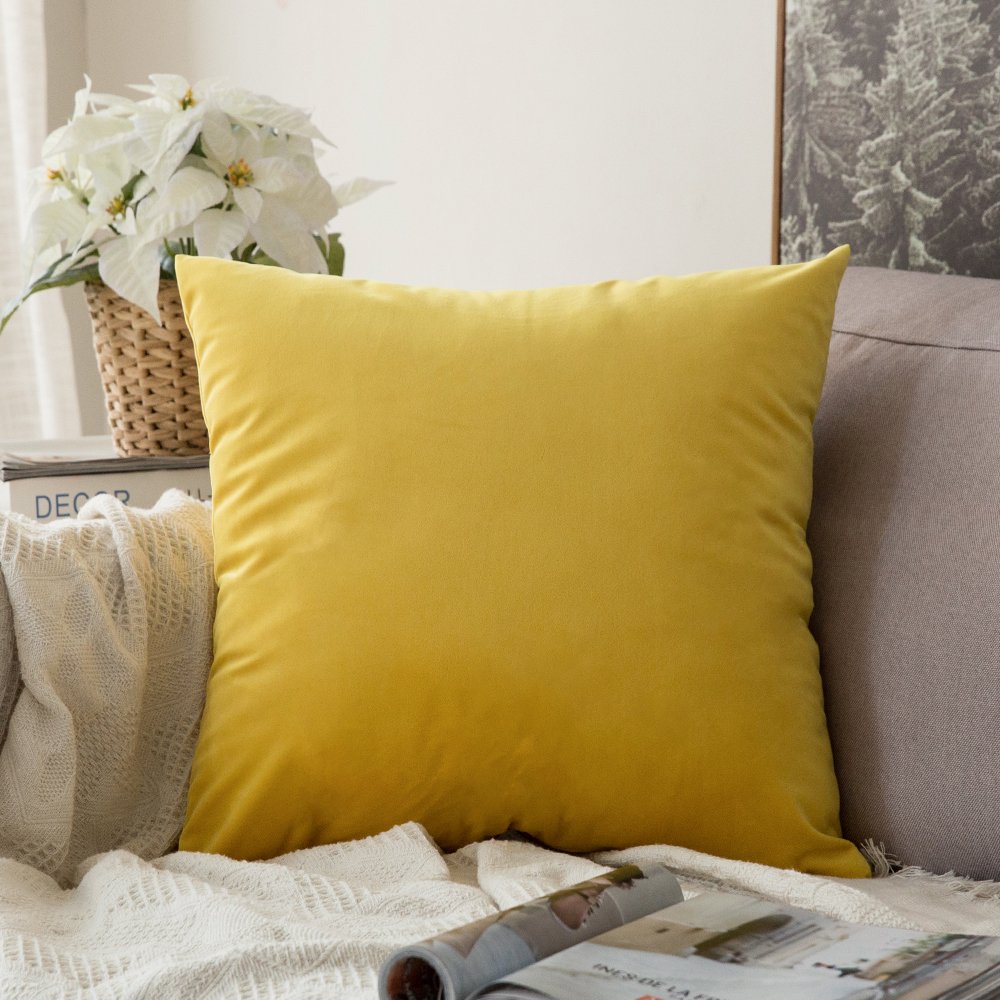 Miulee Lemon Yellow Velvet Soft Decorative Square Throw Pillow Case Cushion Cover Luxury Pillowcase For Livingroom Sofa Bedroom With Invisible Zipper 50Cm X 50Cm,20X20 Inches 1 Pack