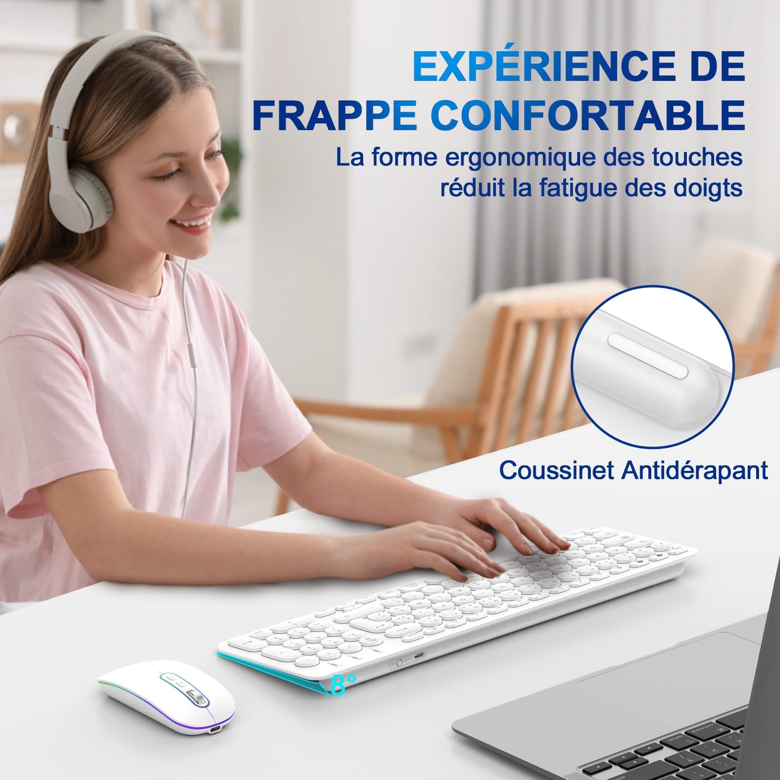 Cimetech Ensemble Clavier Souris sans Fil Rechargeable Multidispositifs (2,4 GHz+BT1+BT2), Combo Clavier Français et Souris avec Pavé Numérique pour Wins/Linux/MacOS (Blanc)