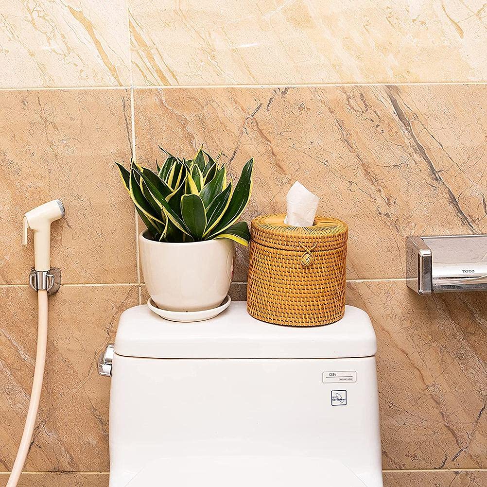 Scatola rotonda in rattan, porta carta igienica in vimini con coperchio, contenitore rotondo adatto per la decorazione della casa del bagno
