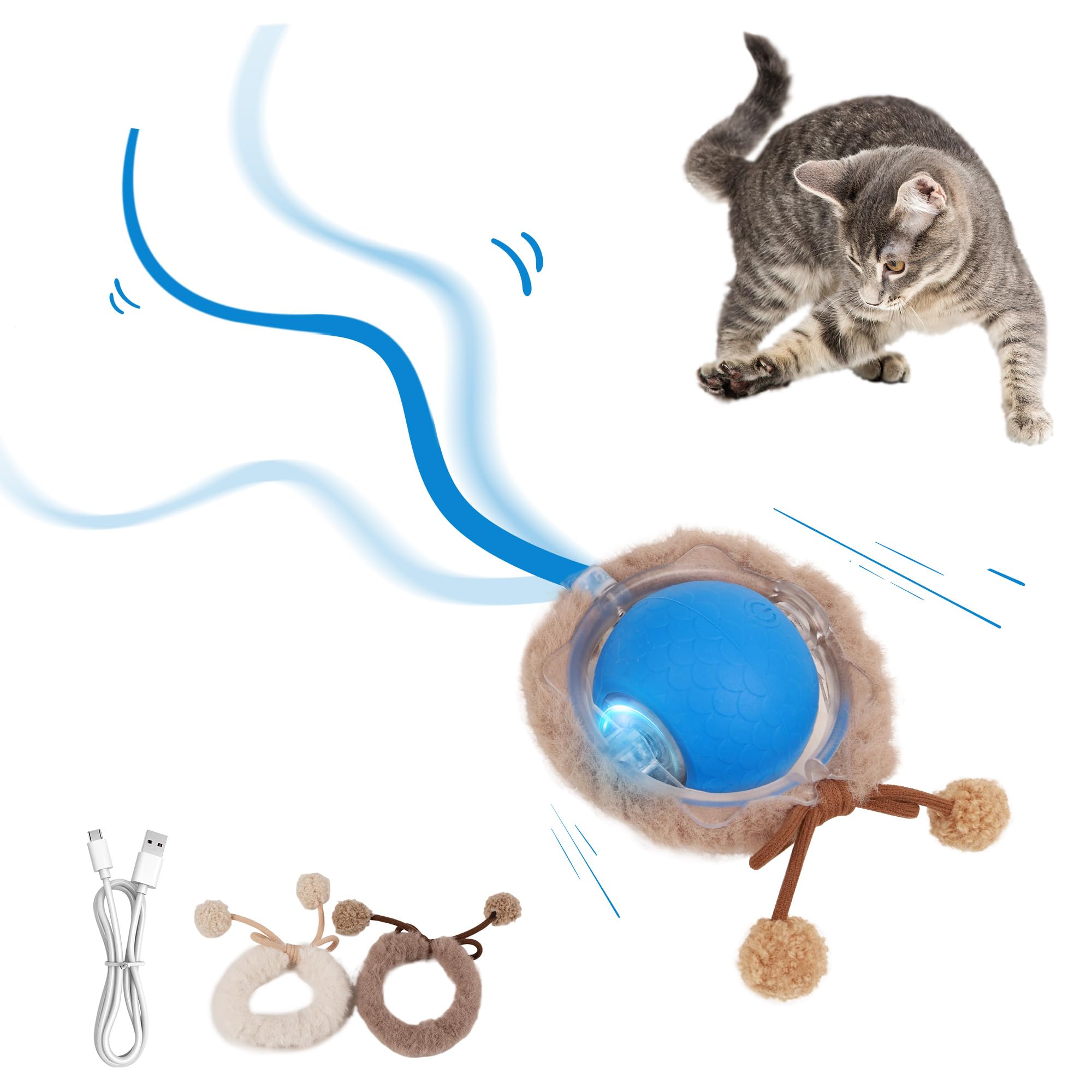 Pet Prime Interaktives Katzenspielzeug Ball mit Schnur 3 Spielmodi, Katzenbälle mit Sound Vogelgeräusche & Wechsel-Cover USB-Ladbar Katzenball mit Led-licht für Wohnungskatzen
