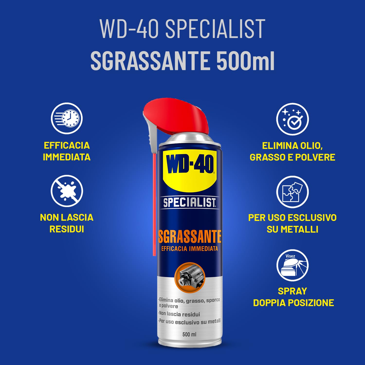 WD-40 - Specialist - Sgrassante Spray Doppia Posizione - Lubrificante a base di solvente - Elimina olio, grasso e sporco - Efficacia Immediata - Senza residui - Per uso esclusivo su metalli - 500ml