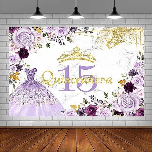 Miniatura 3 de Telón de fondo de quinceañera de cumpleaños de quinceañera dorado morado de 7 x 5 pies para dulce niña, princesa Mis membrillo Anos, fiesta de