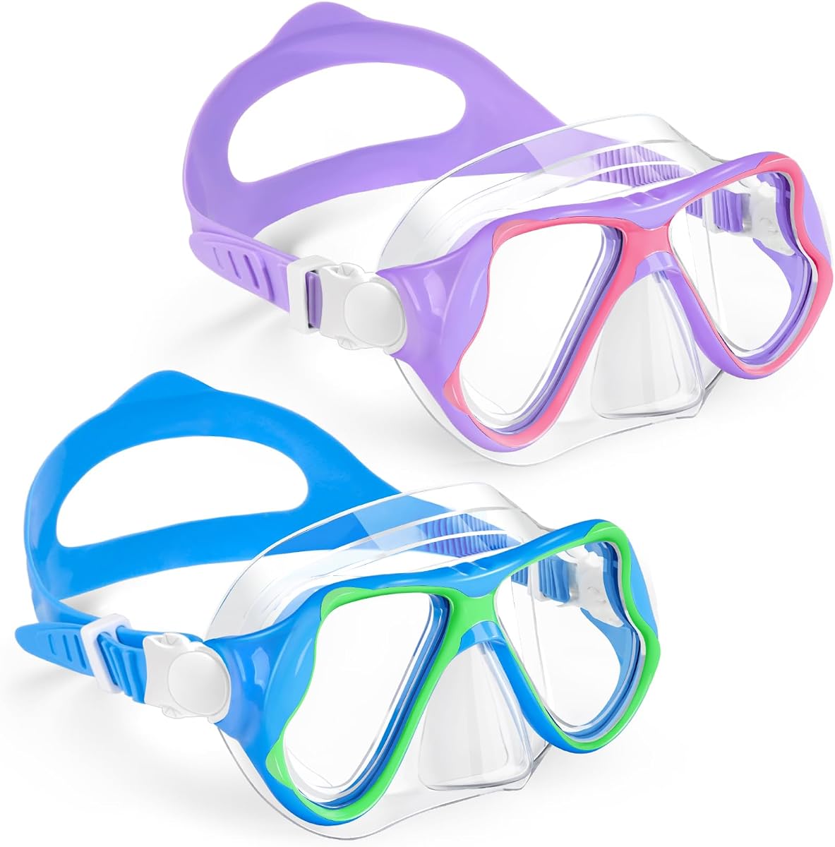 Freela Paquete de 2 gafas de natación para niños y niñas de 3 a 14 años, lentes de vidrio templado, vista HD de 180° con cubierta para la nariz para piscina y playa