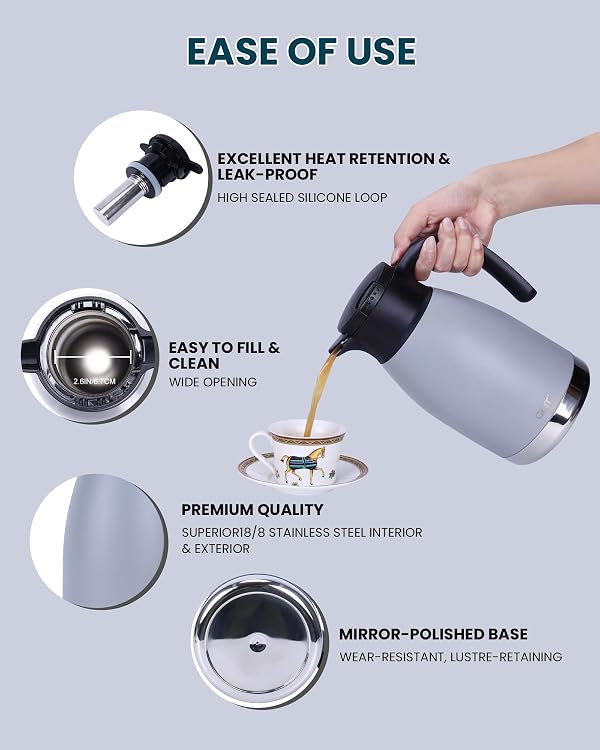 GiNT 51oz Thermal Coffee Carafe with Infuser – Insulated Tea Carafe, Removable Filter, Dishwasher-Safe | 1.5L 6–7 Cups, Wide Mouth, Leak-Proof Seal | Stainless Steel Beverage Server for Home & Office by GiNT - Image 3