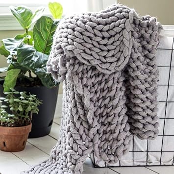 1 Piece Casual Acrylic Chunky Knit Blanket Classic Solid Color Braid Like Visual Textured Light Grey Throw Blanket Expertly Crafted Yarn Durable Warm Decorative All Season Cozy Comfy 50x40 Blanket