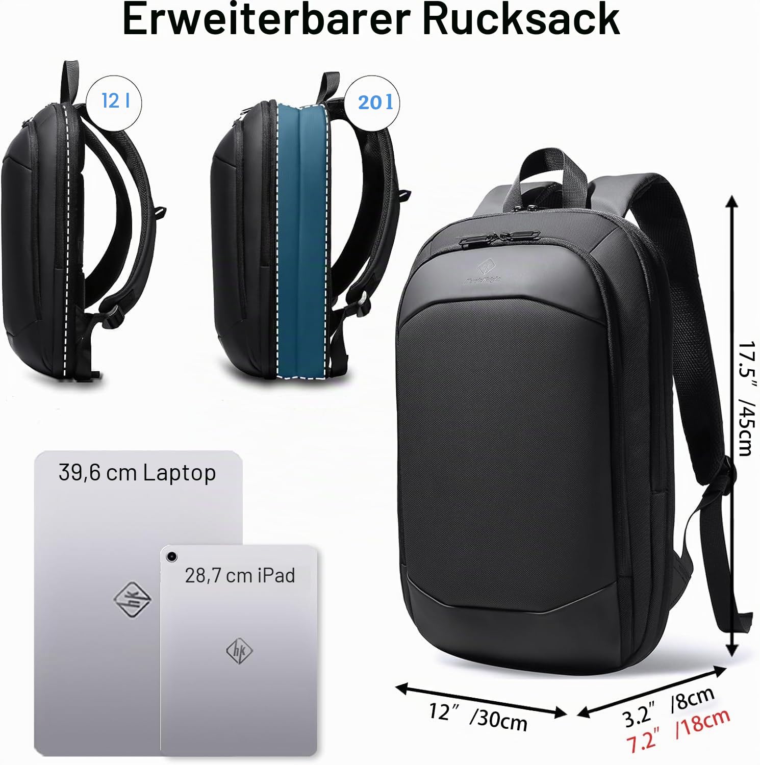 Laptop Rucksack Herren Business Rucksack leicht 15.6 Zoll wasserdichter erweiterbarer Reiserucksack Handgepäck Arbeitsrucksack diebstahlsicherer Tagesrucksack für Büro Uni Reise-Schwarz