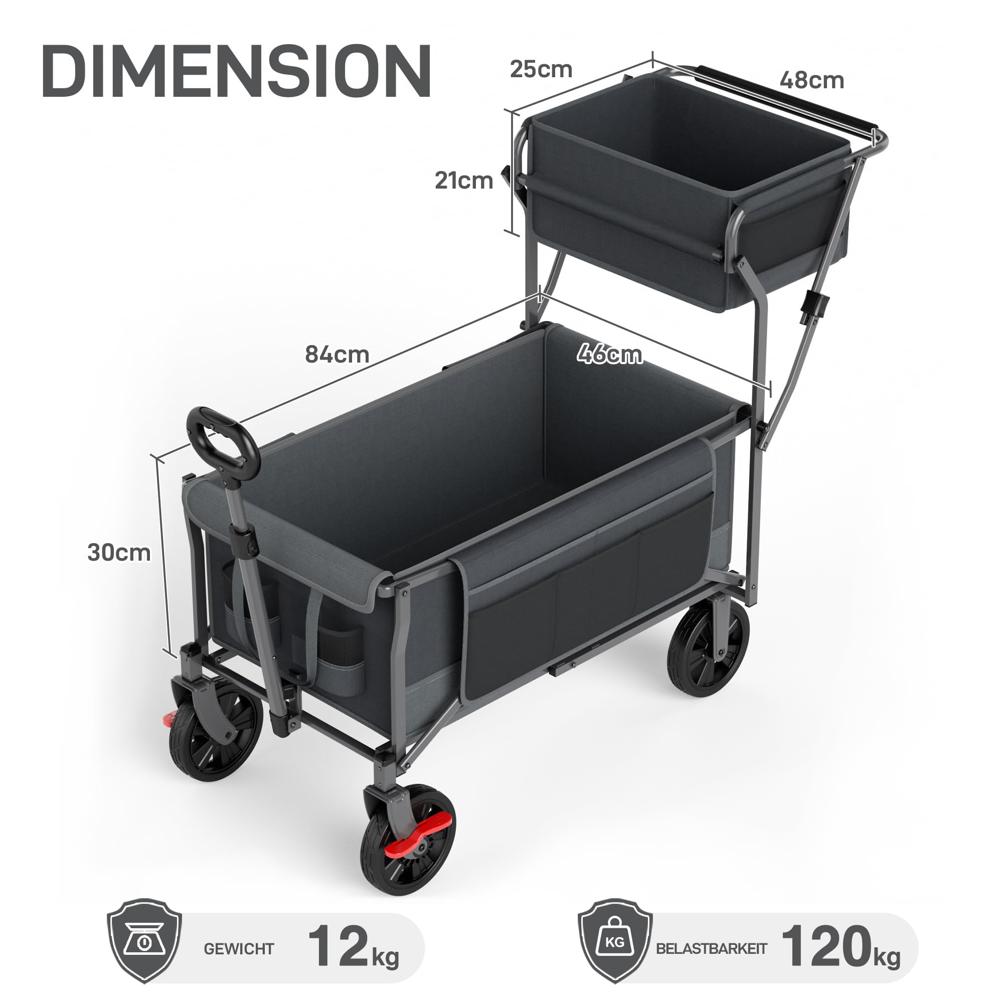 EVER ADVANCED Bollerwagen faltbar schieben&ziehen mit Bremse Einkaufskorb Getränkhalter Seitentasche Handwagen klappbar Strandwagen bis 120kg Faltwagen Transportwagen für Camping