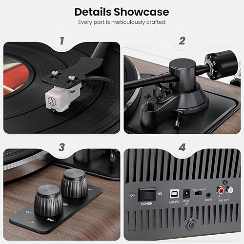 Miniatura 3 de Tocadiscos de vinilo todo en uno, tocadiscos Bluetooth integrado con 4 altavoces estéreo, preamplificador de teléfono, tocadiscos de alta fidelidad