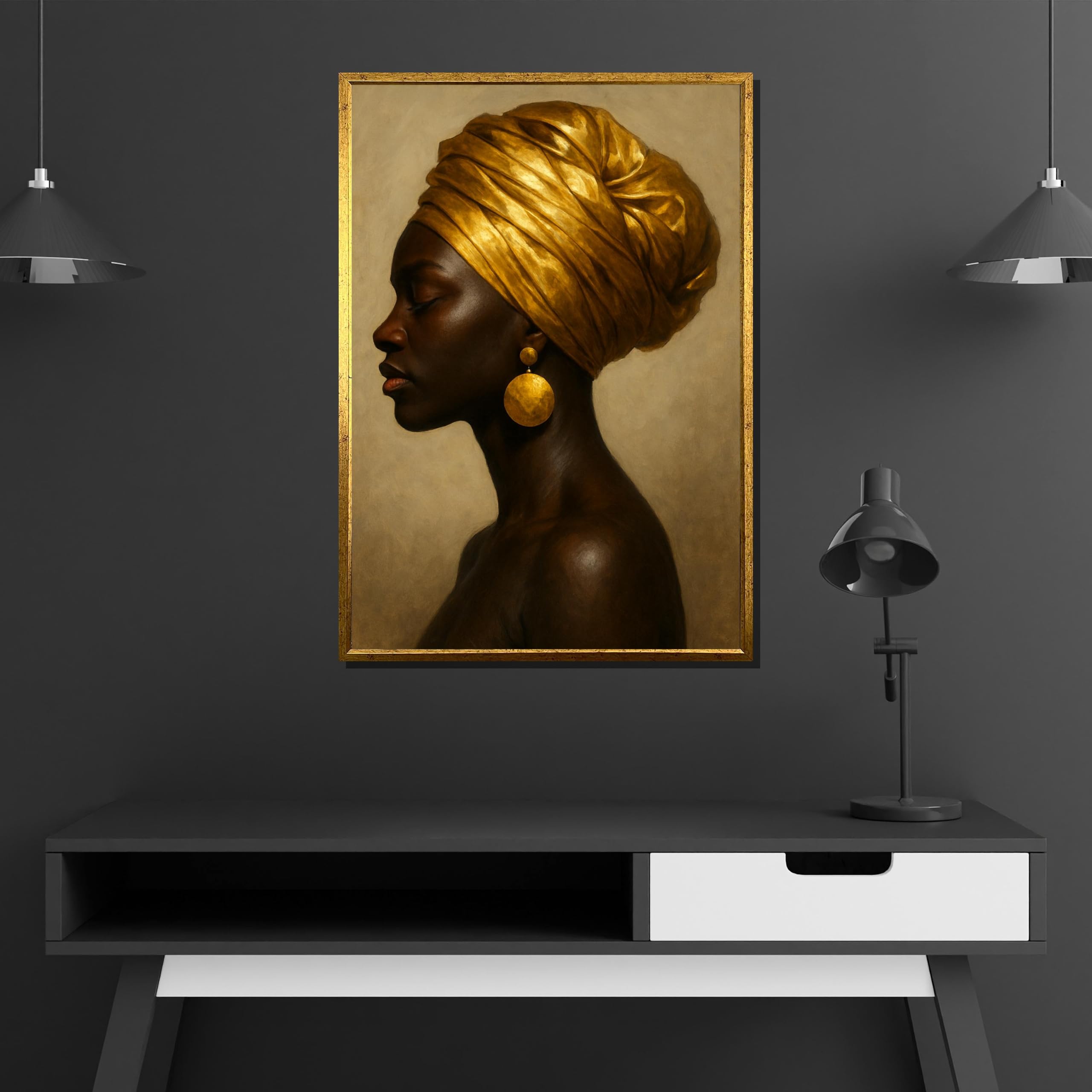 Yusuzhu Frameless Golden Headwear Portrait–Woman In Profile With Radiant Turban And Earrings For Statement Canvas Wall Art Poster Painting(70X100cm/Frameless)