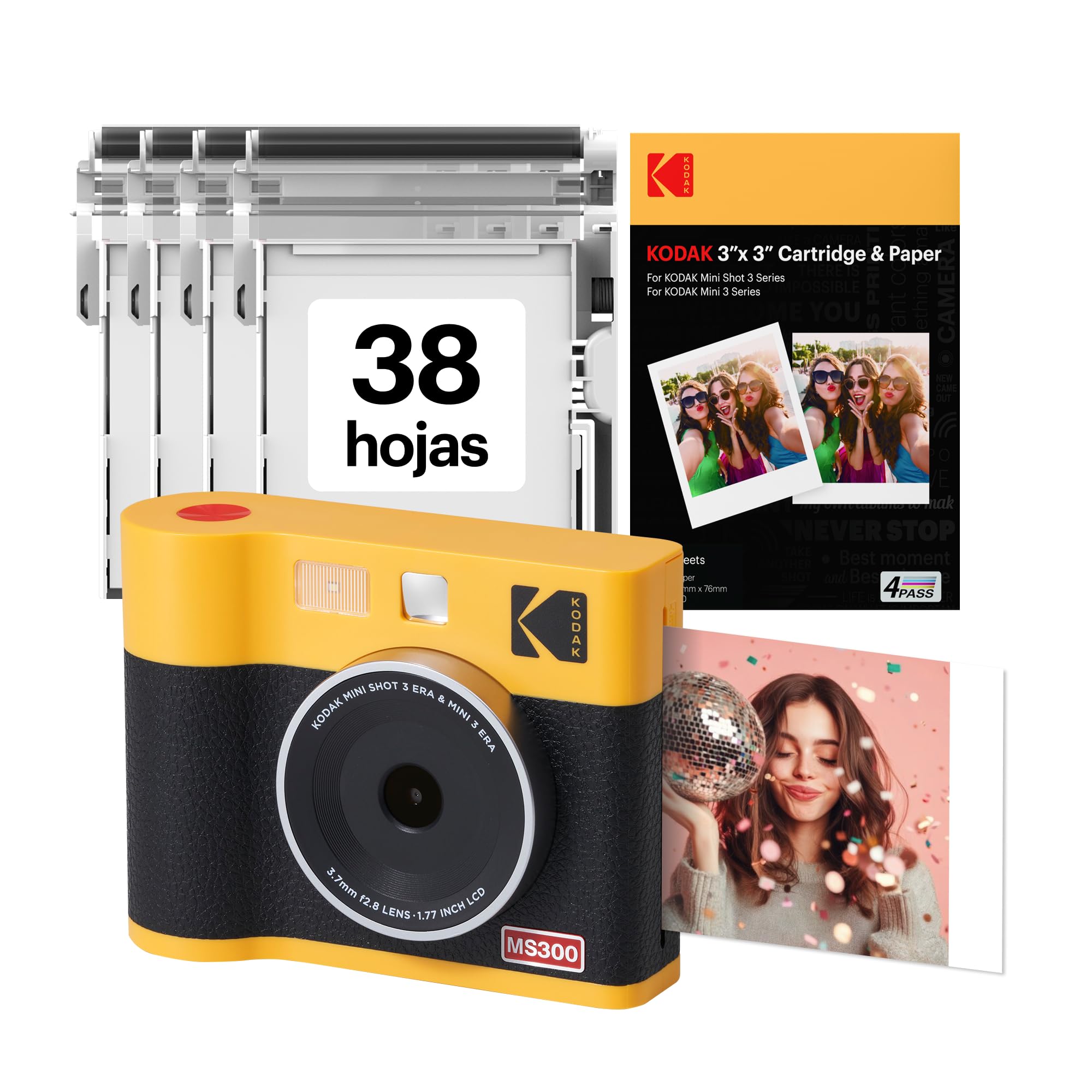 KODAK Mini Shot 3 ERA 4PASS 2-en-1 Cámara Instantánea e Impresora de Fotos (7,6x7,6cm) (Cámara + Pack con 68 Hojas (8 Hojas Iniciales + 30 Hojas), Amarillo)