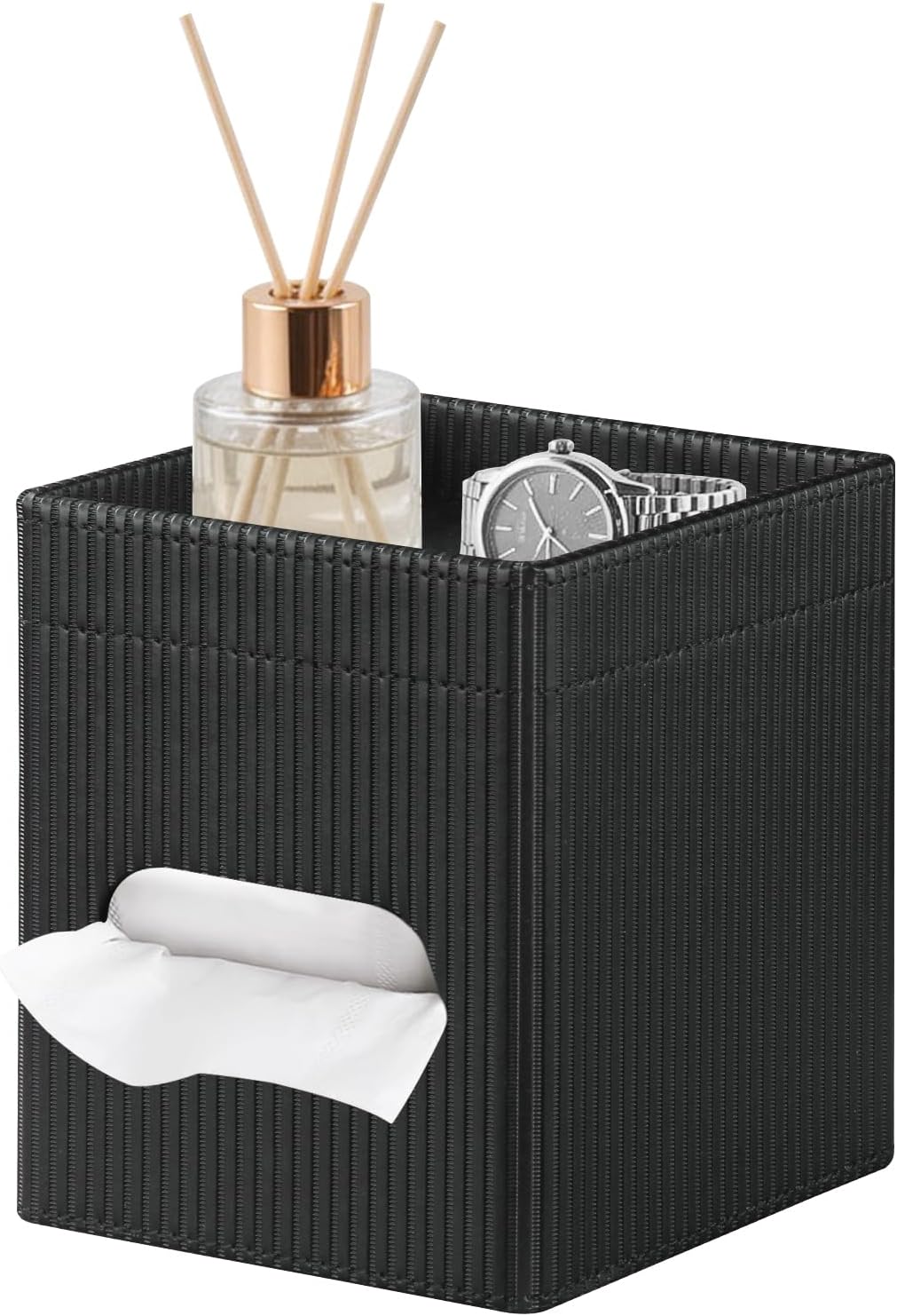 Tissue Box Cover with Storage Tray, PU Leather Square Tissue Box Holder