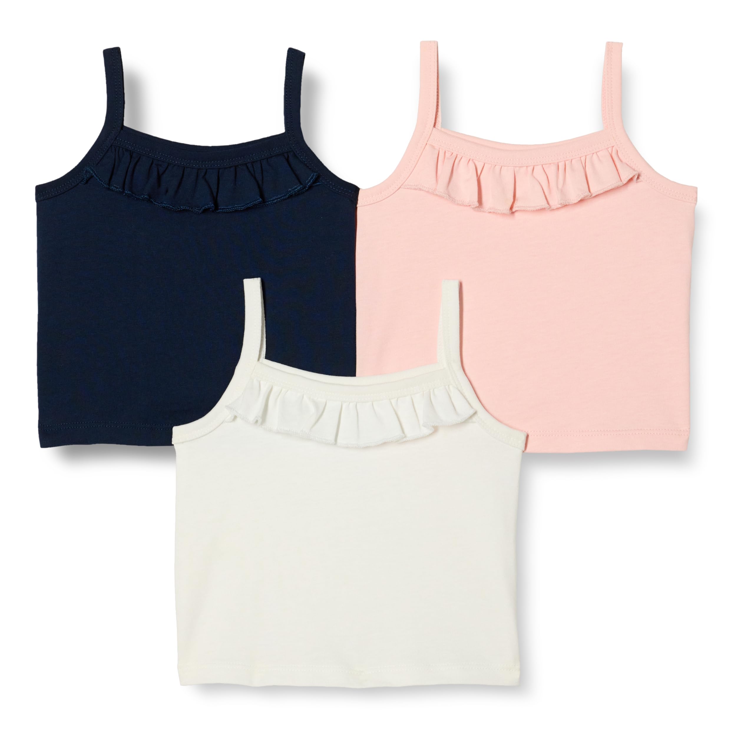 Amazon Essentials Toddler Girls' Cotton Ruffle Crop Camisole, Pack of 3, Ivory/Navy/Pink, 3T