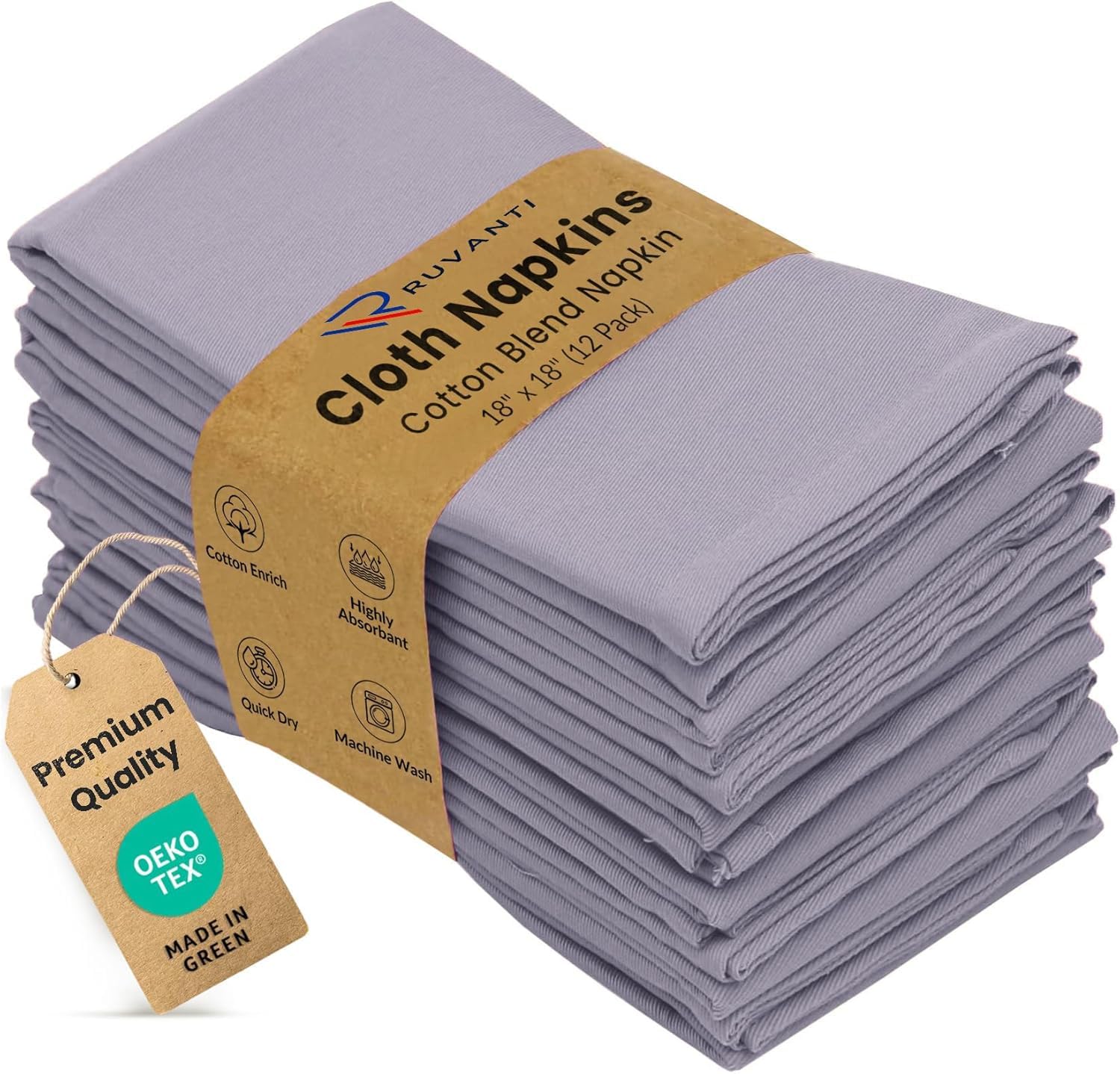 Ruvanti Cloth Napkins Set of 12, Cotton Enrich 18”x18” - Coffee Grey