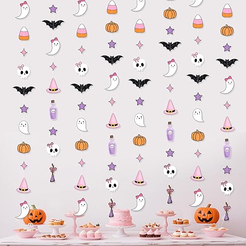 Purple Pink Halloween Hanging Garland, Cute Pumpkin Skull Bat Ghosts