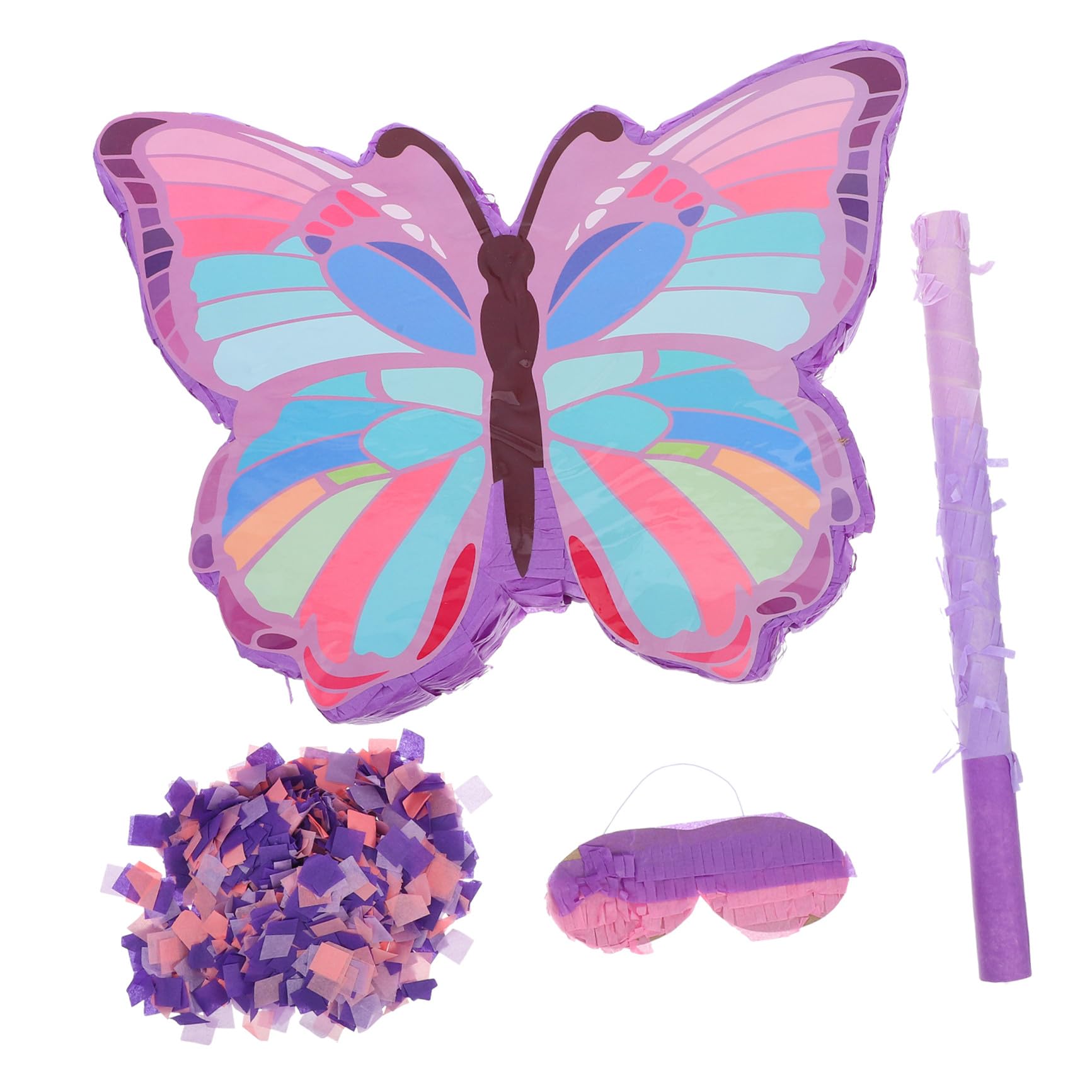 CLISPEED Piñata para Fiesta de Cumpleaños Niña Diseño de Mariposas en Color Morado, Material Seguro para, Incluye Palo, Antifaz y Confeti para Temática