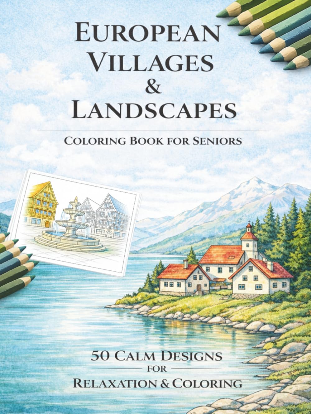 European Villages & Landscapes: A Relaxing Coloring Book for Seniors Featuring Calm Nature Scenes, Villages and Scenic Landscapes - 50 Coloring Pages