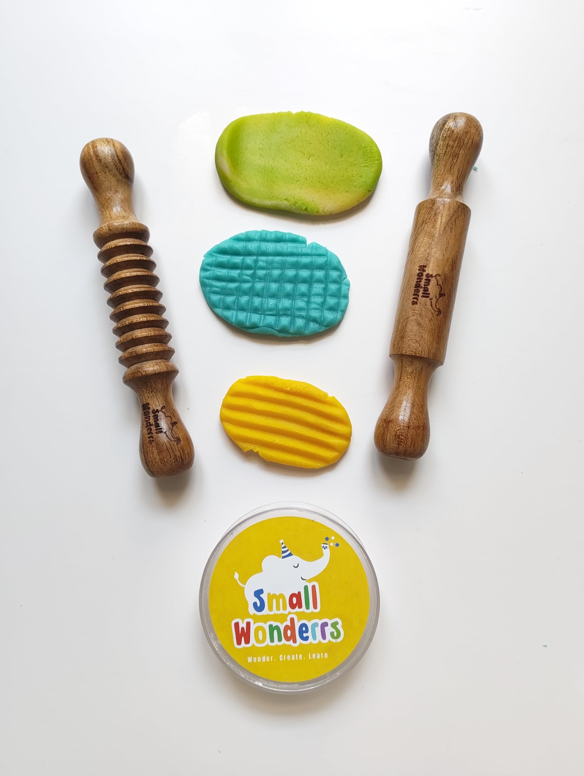 Small Wonderrs Wooden Rolling Pin Set for Kids, Textured and Plain Playdough Tools for Clay Modelling, Sensory Play, Art & Craft Activities, Creative Dough Accessories for Children-image-6
