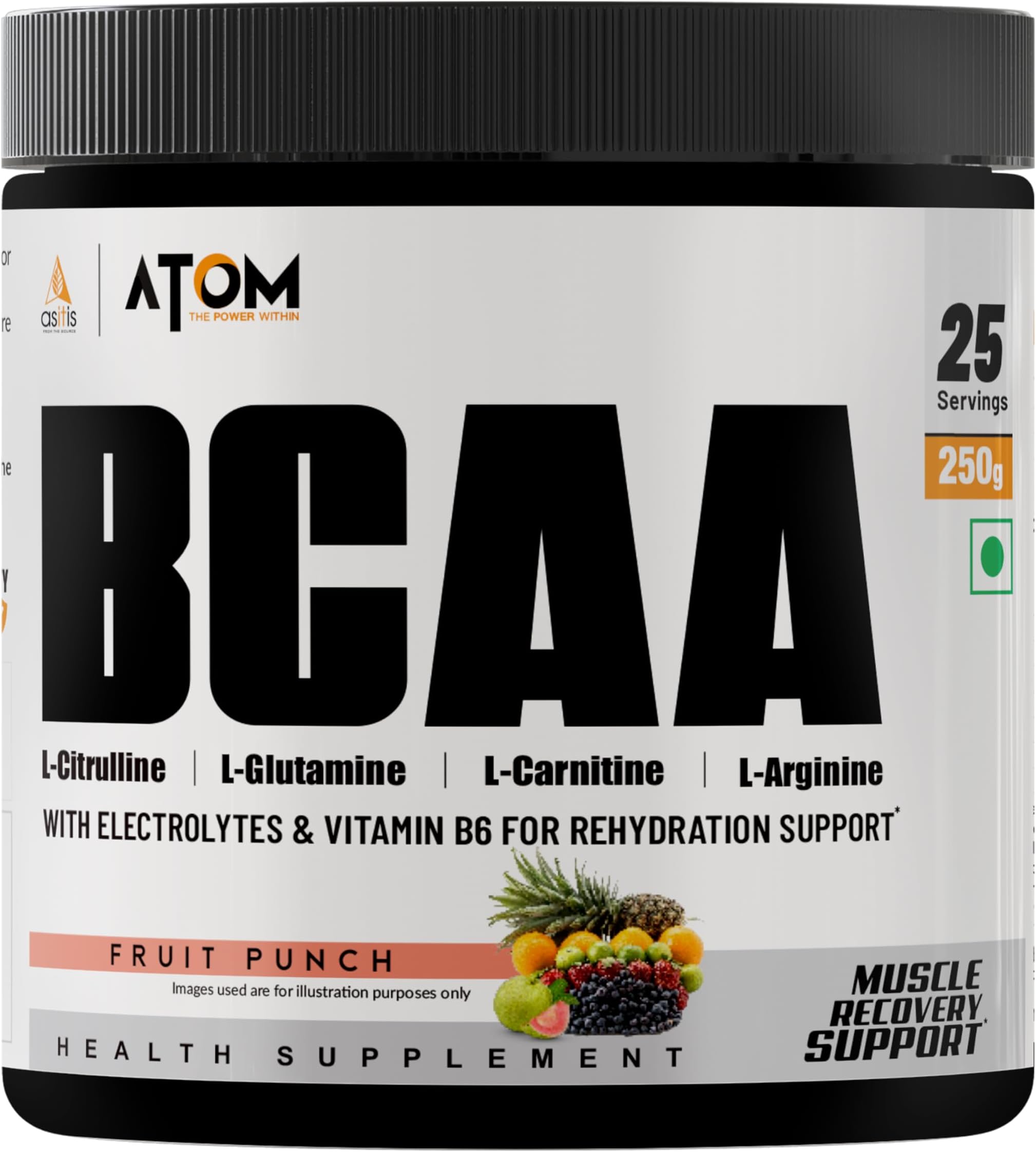AS-IT-IS ATOM BCAA 250g with L-arginine, L-Carnitine, L-Citrulline for Energy burst & Athletic Performance | Fruit Punch Flavor
