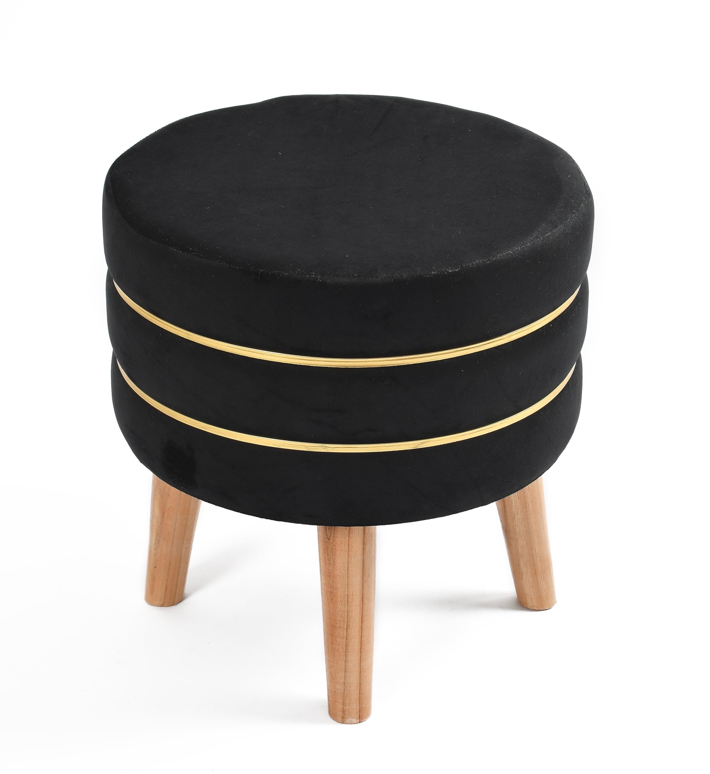 NACIA Velvet Upholstered Ottoman Stool with Wooden Legs | Round Pouffe Footrest Seat for Living Room Bedroom Balcony | Compact Foot Stool for Sitting Home Decor Furniture, 18 Inch (Black, Set of 1) 1