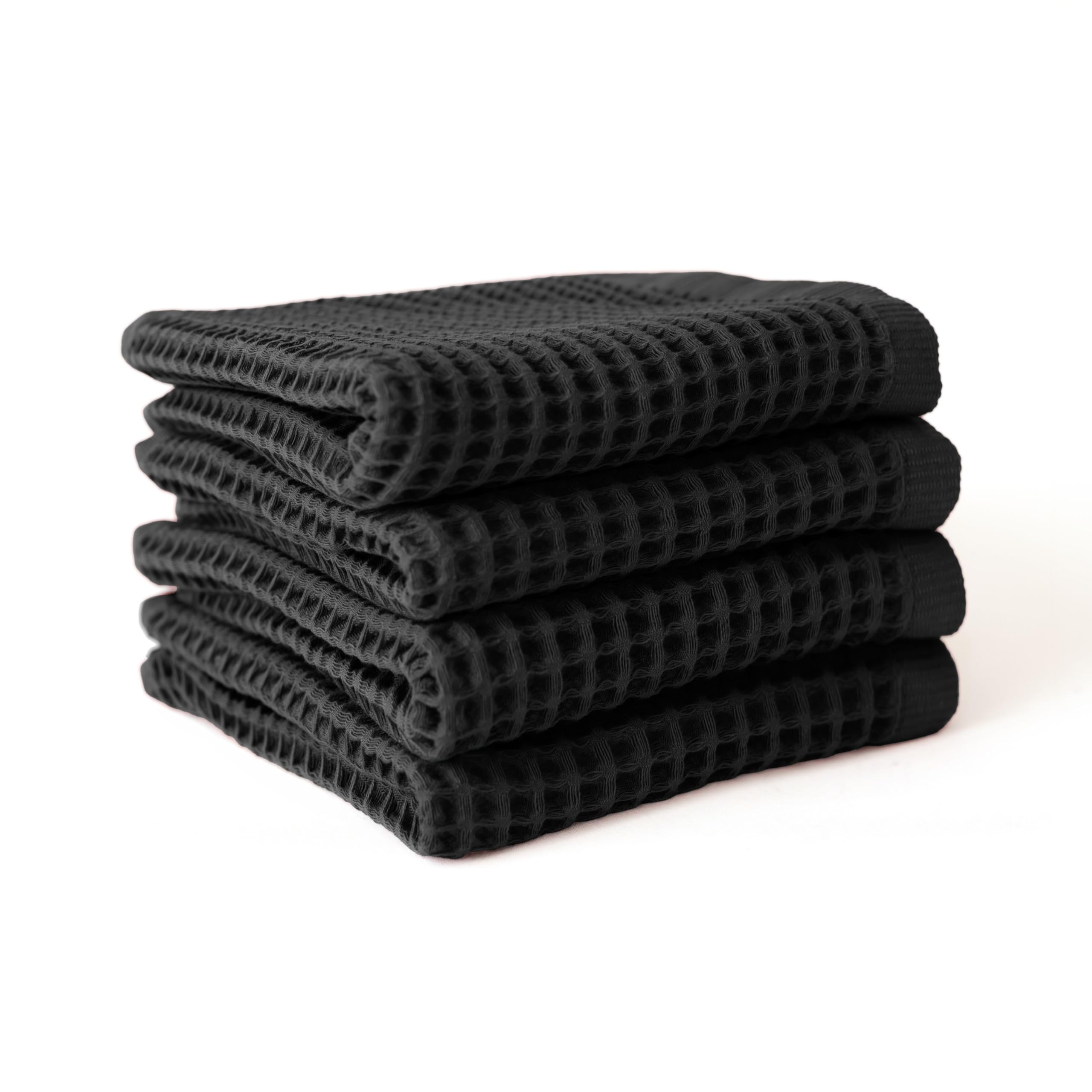 Viva Maison Premium Waffle Hand Towels Pack of 4 Extra Large 20x35 inch - 100% Turkish Cotton, Waffle Weave, Quick Dry, Lint Free, Super Absorbent, Thin Hand Bath Towel (Black, Set of 4 Hand Towels)