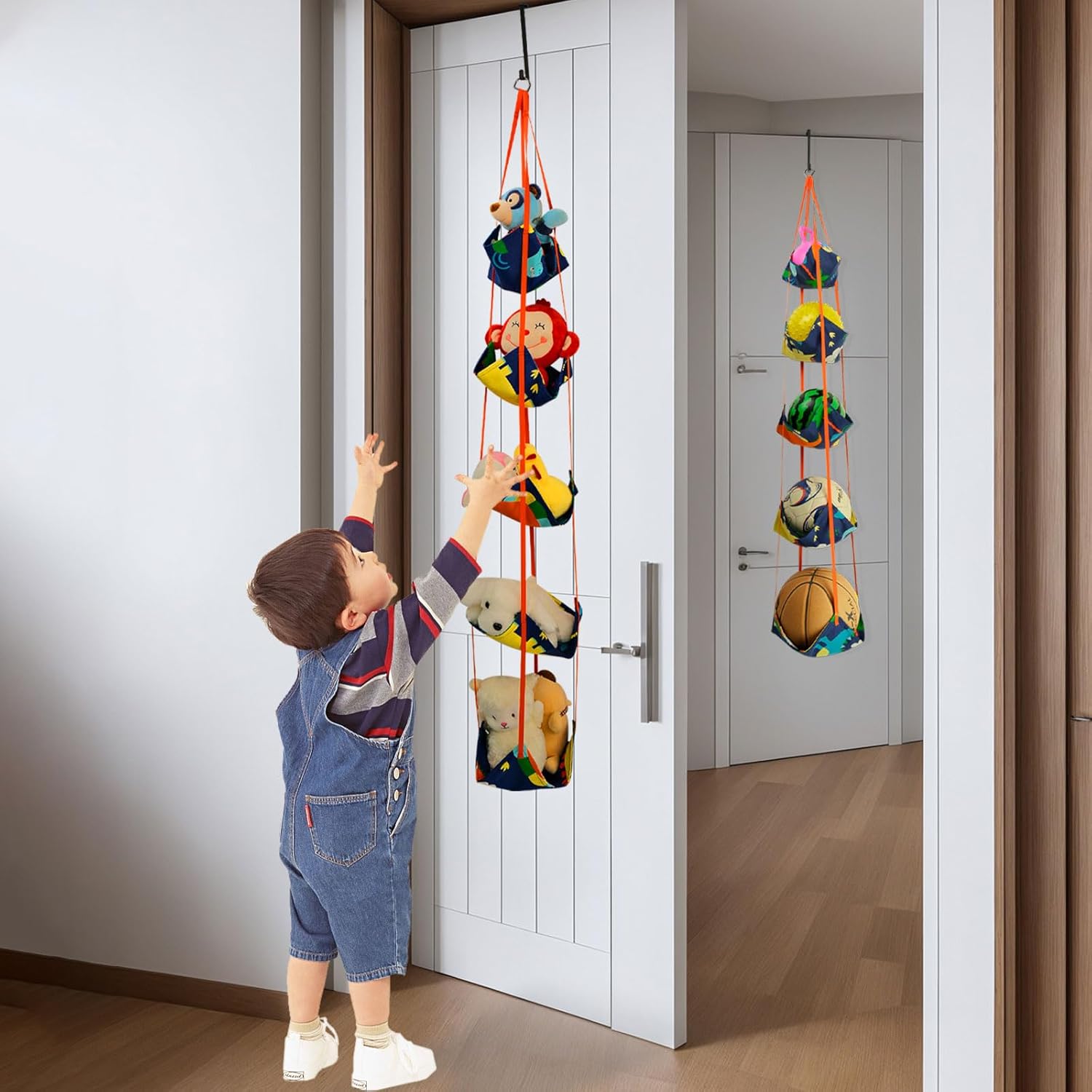 5 Tiers Over The Door Toy Storage Net, Basketball Sports Balls Organizer, Stuffed Animals Hanging Net, No Drill Toy Storage for Girls Boys Bedroom Playroom