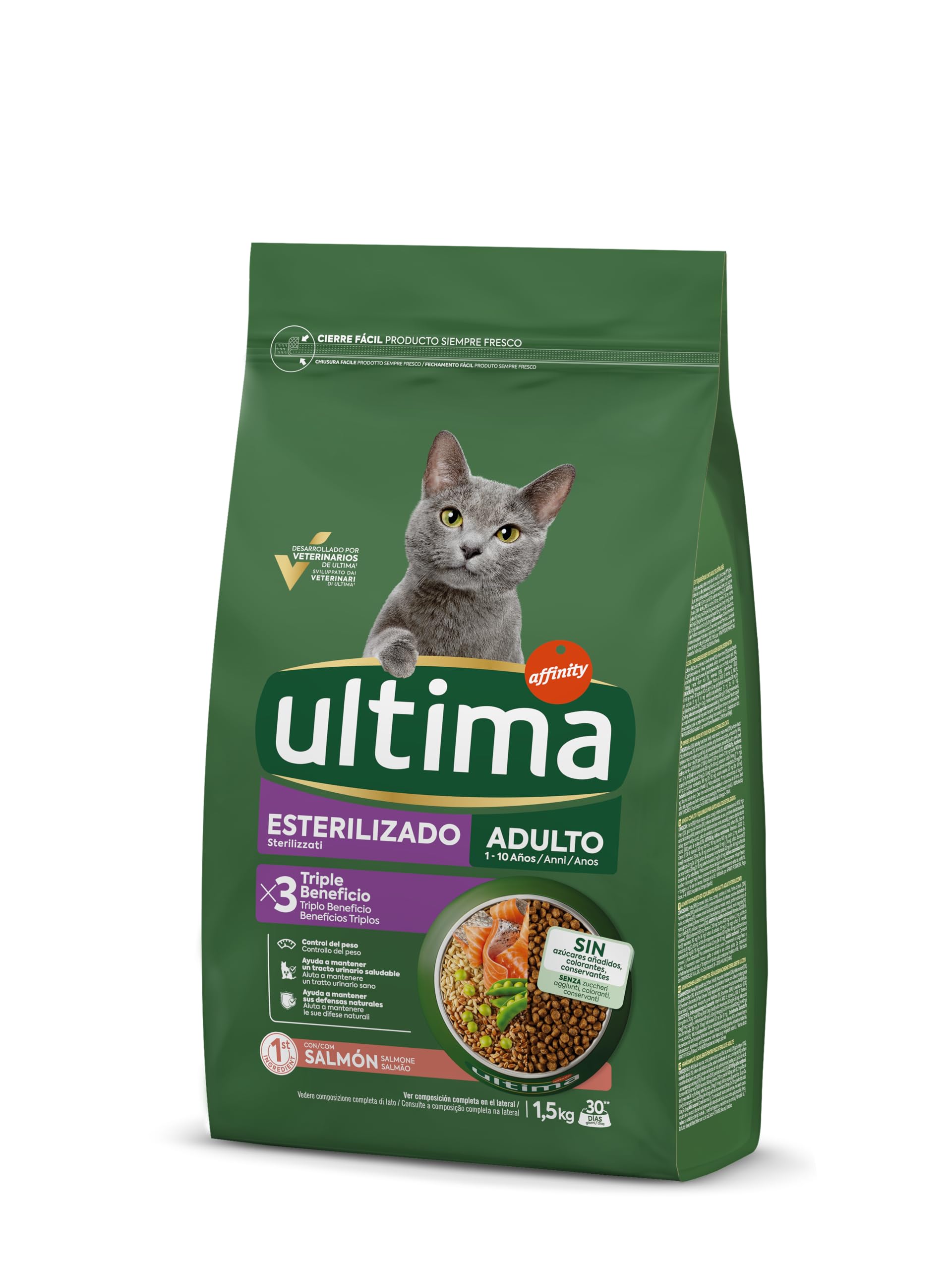 Ultima Esterilizado Adult Salmon, Comida seca para gatos, Pack de 4 x 1,5kg, Total 6kg