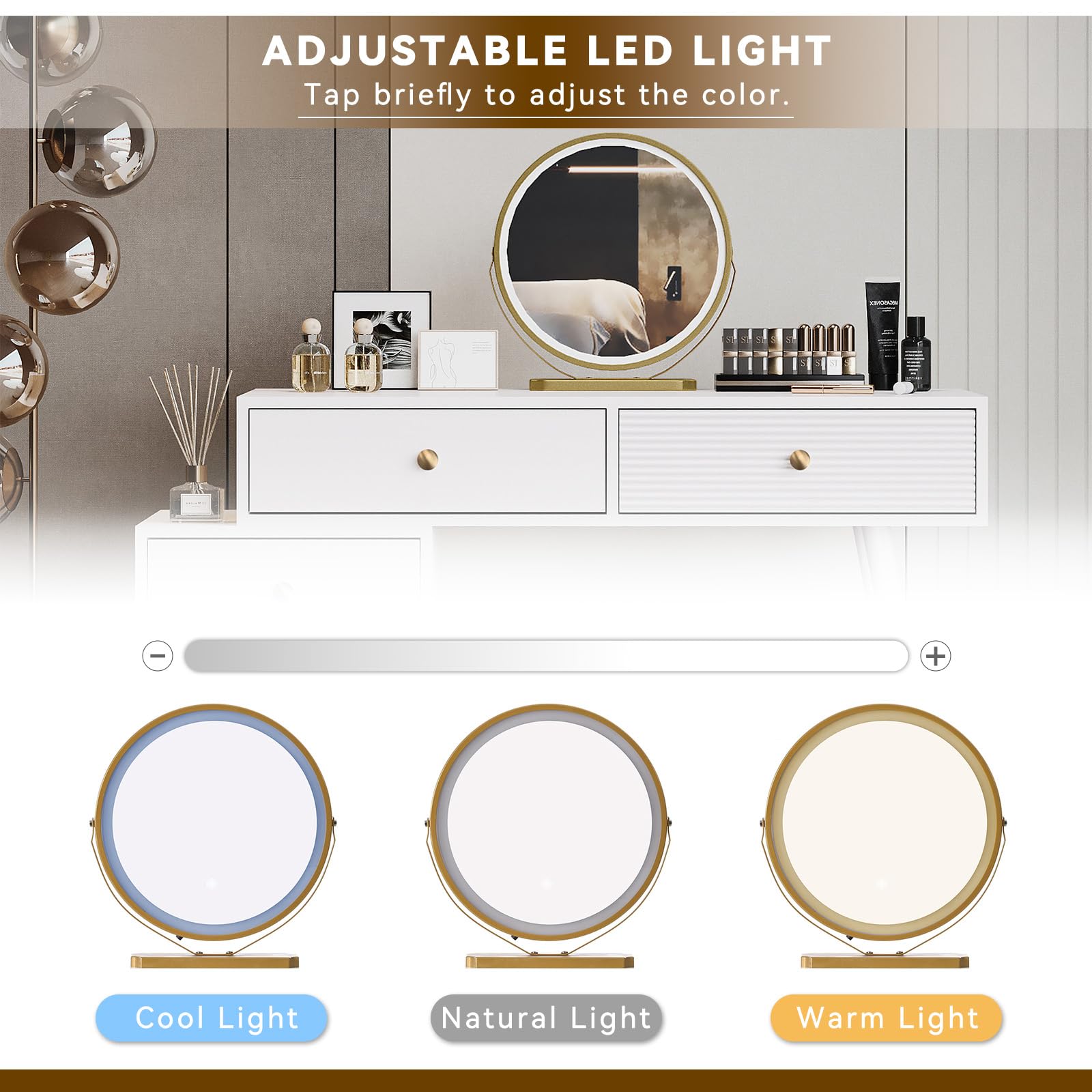 Schminktisch, Kosmetiktisch-Set mit LED-Beleuchtung und Spiegel, mit verstellbarem Seitenschrank und ausziehbarem Design. Maße:B100/H78/T40 cm(ohne Hocker)
