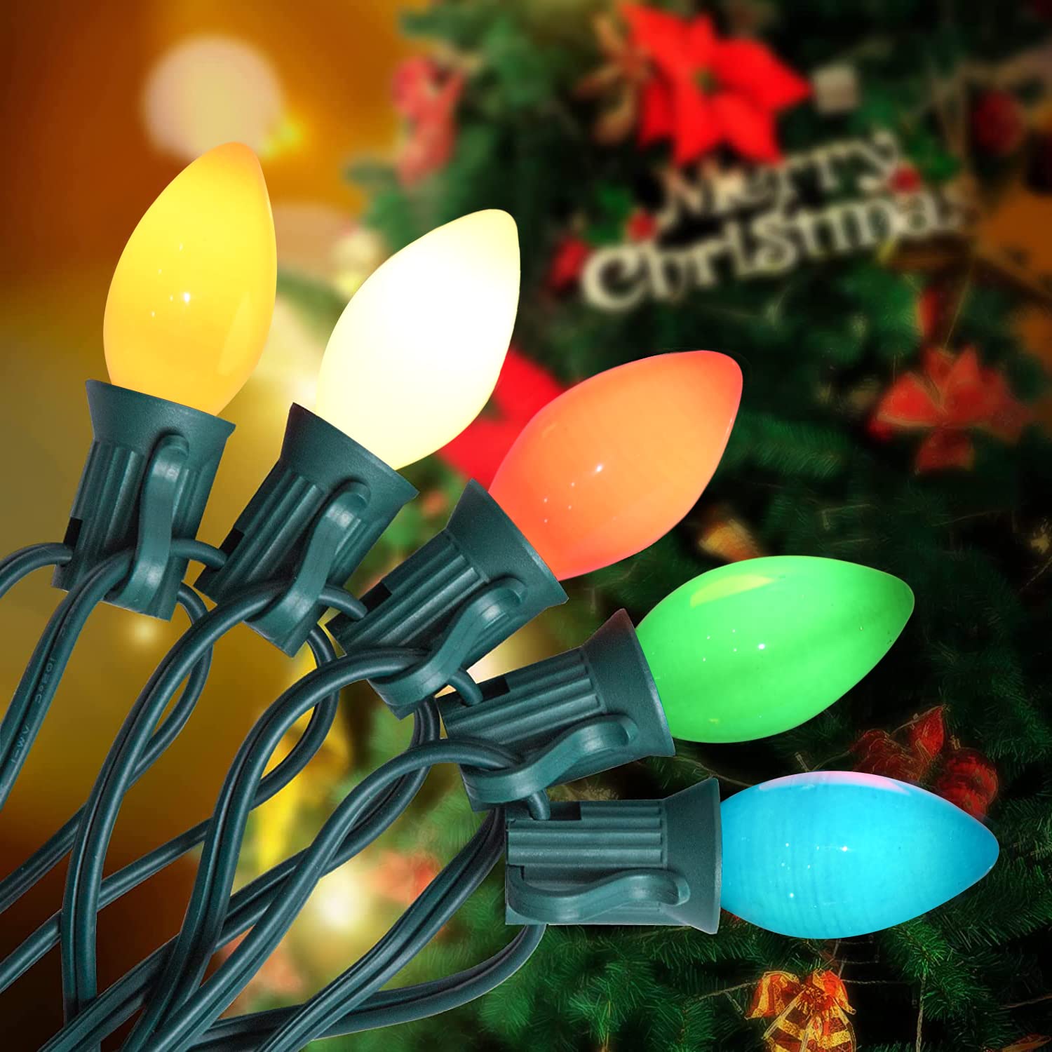 C7 Multicolor Christmas Lights, 25Ft Christmas String Lights with 27 Multicolor Ceramic Bulbs