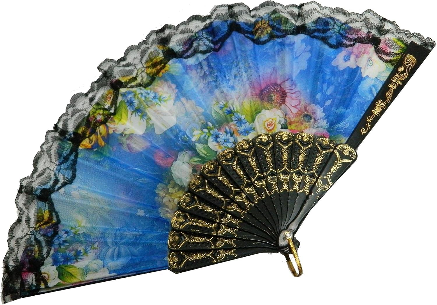 Black Color Flower Floral Pattern Hand Held Folding Plastic Japanese Silk Hand Fan for Girls Women Wedding Theme Party Decoration Stage Shows Dance