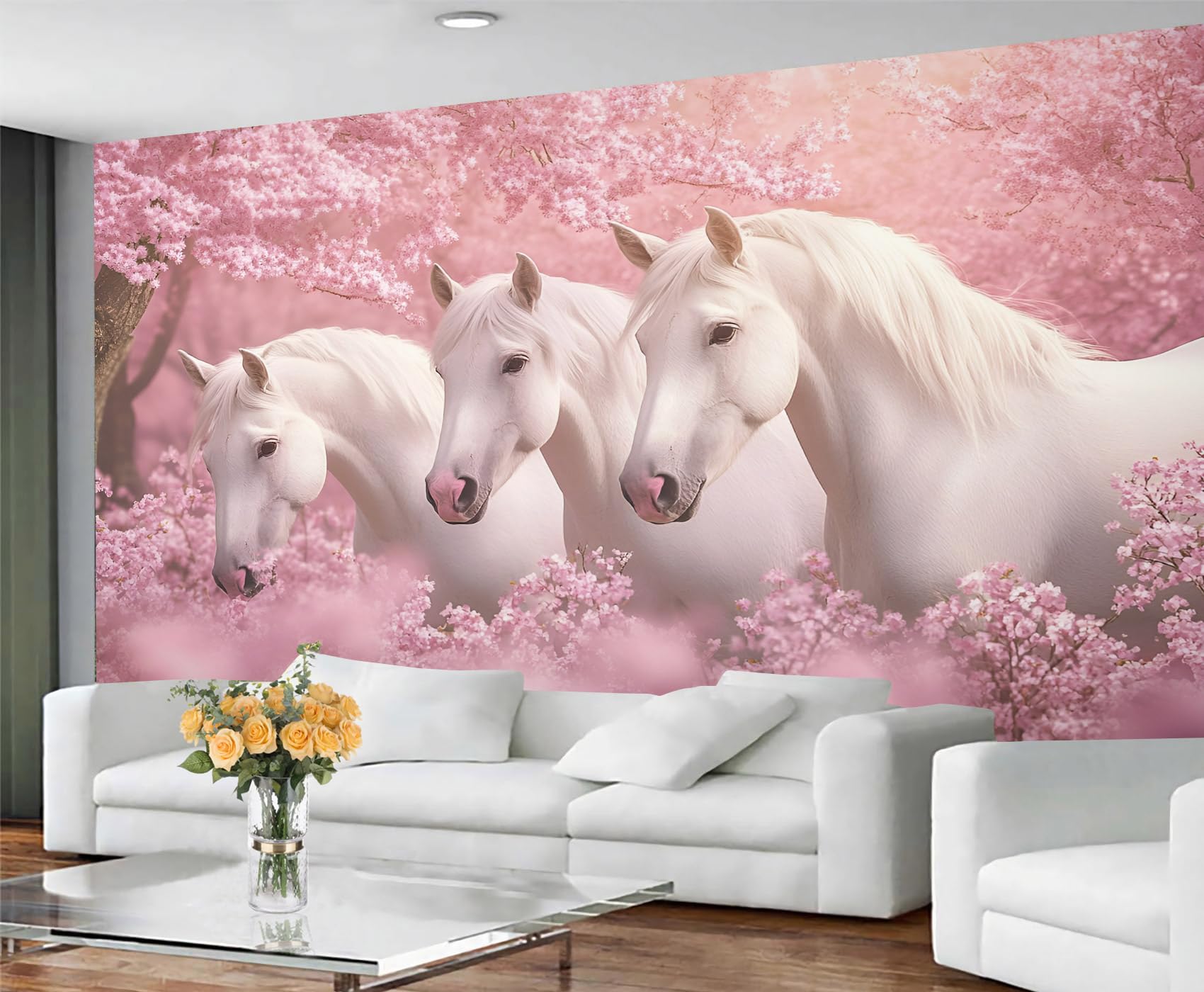 GIVLWF White Horse Wallpaper Mural Spring Pink Bedroom Wallpaper Girls Horse Wall Paper for Living Room Non Self Adhesive Murals & Home Decor — image 1
