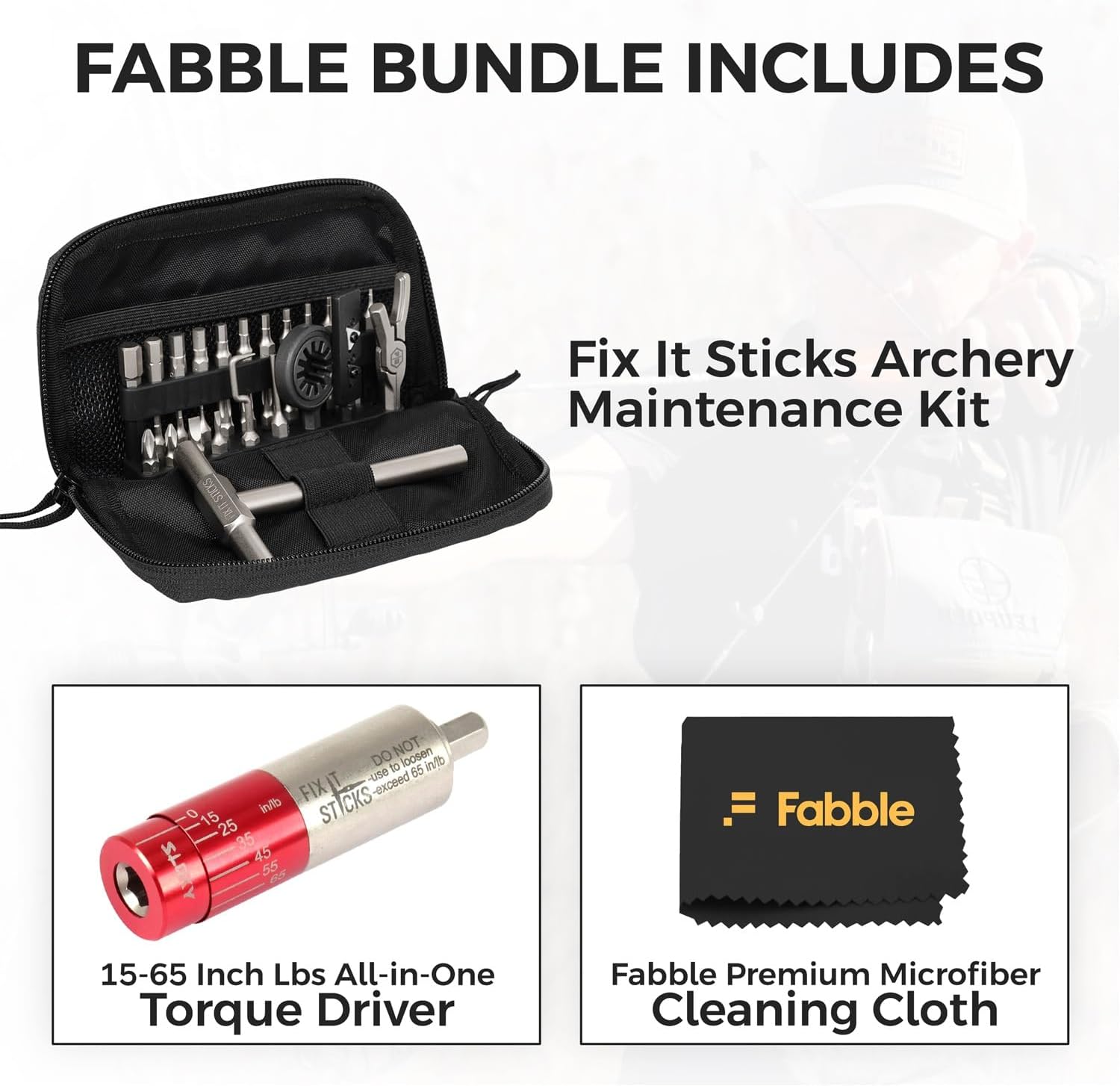 Fix It Sticks Archery Field Maintenance Toolkit with T-Handle, 34-Piece Bit Set, Broadhead Wrench and Sharpener, Bundle with 15-65 Inch Lbs All-in-One Torque Driver for Precision Bow Tuning