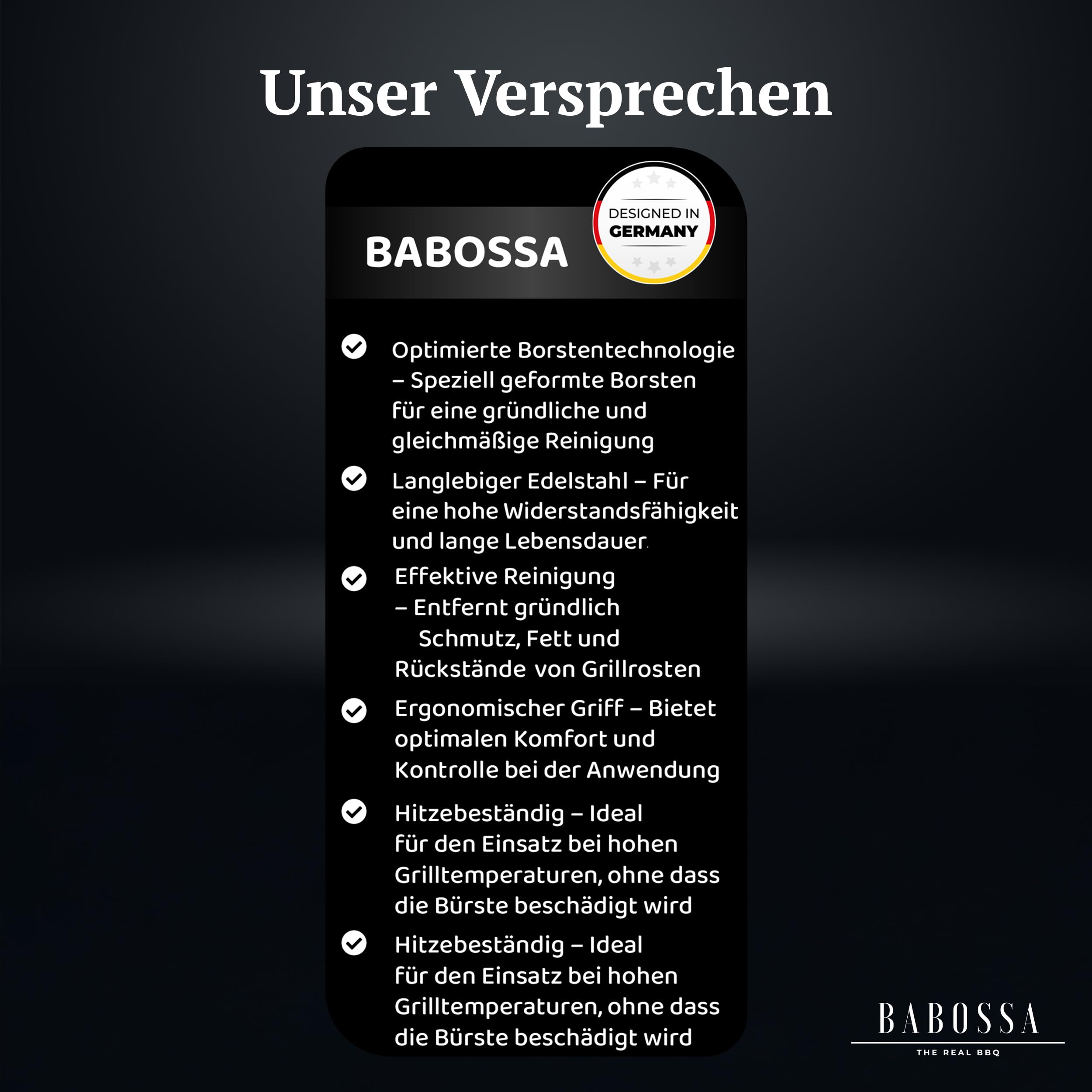 BABOSSA 3-in-1 Grillbürste Edelstahl – Multifunktionales Grillzubehör mit robusten Edelstahl Borsten, Schaber und Flaschenöffner – Für die einfache Reinigung von Planchas und Grillplatten