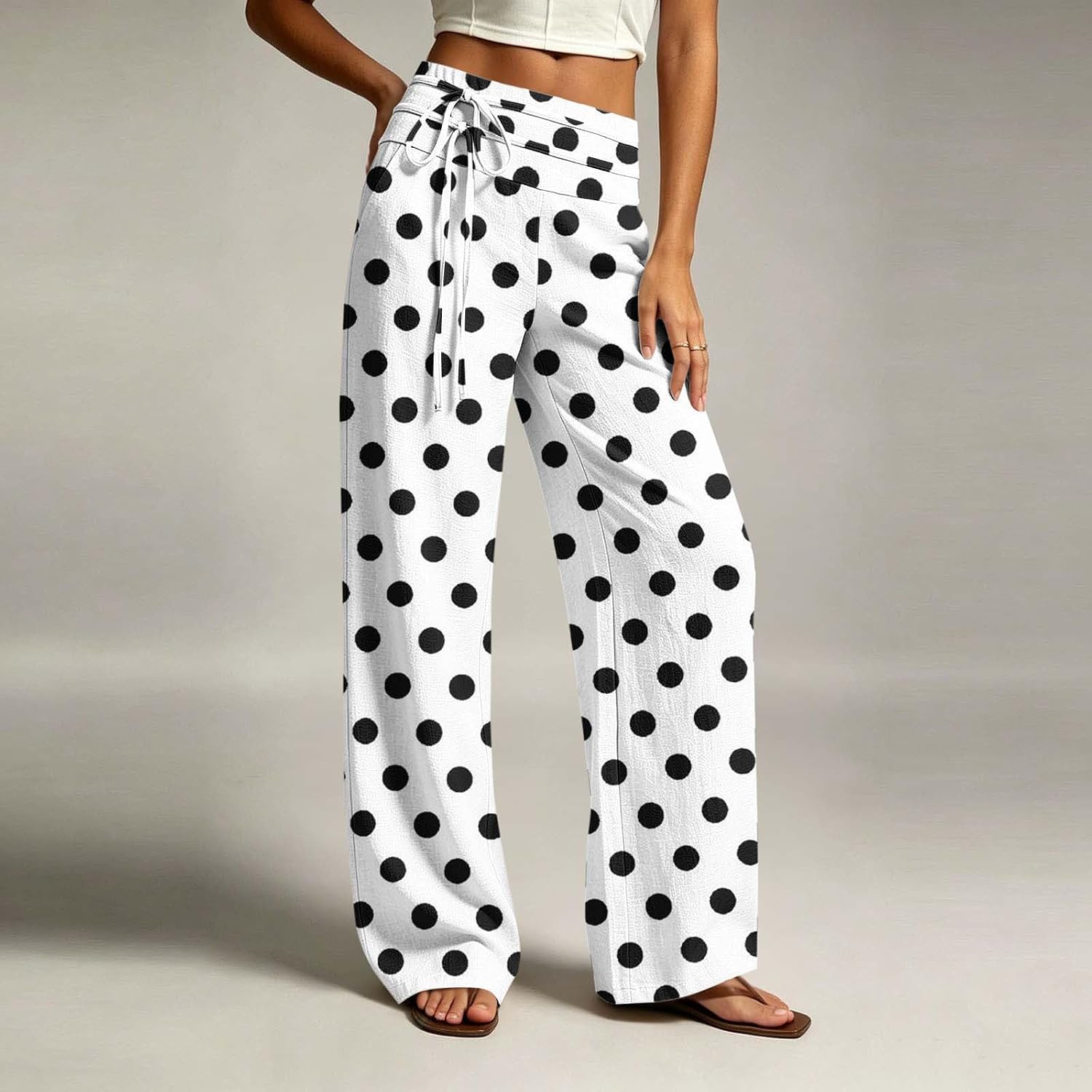 Lmdudan Women's Polka Dot Wide Leg Pants Drawstring Elastic Waist Loose Pants Trendy Casual Lounge Trousers with Pocket