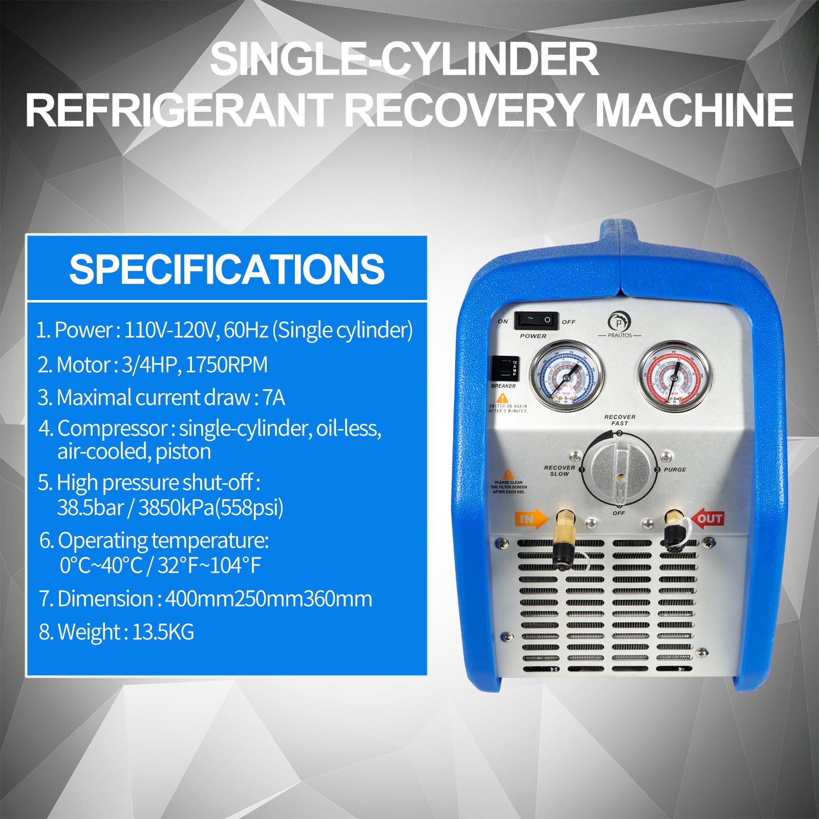 Máquina de recuperación de refrigerante de un solo cilindro de 3/4 HP, unidad de reciclaje de freón portátil de 110 V 60 Hz para refrigerante líquido y de vapor, para sistema de aire