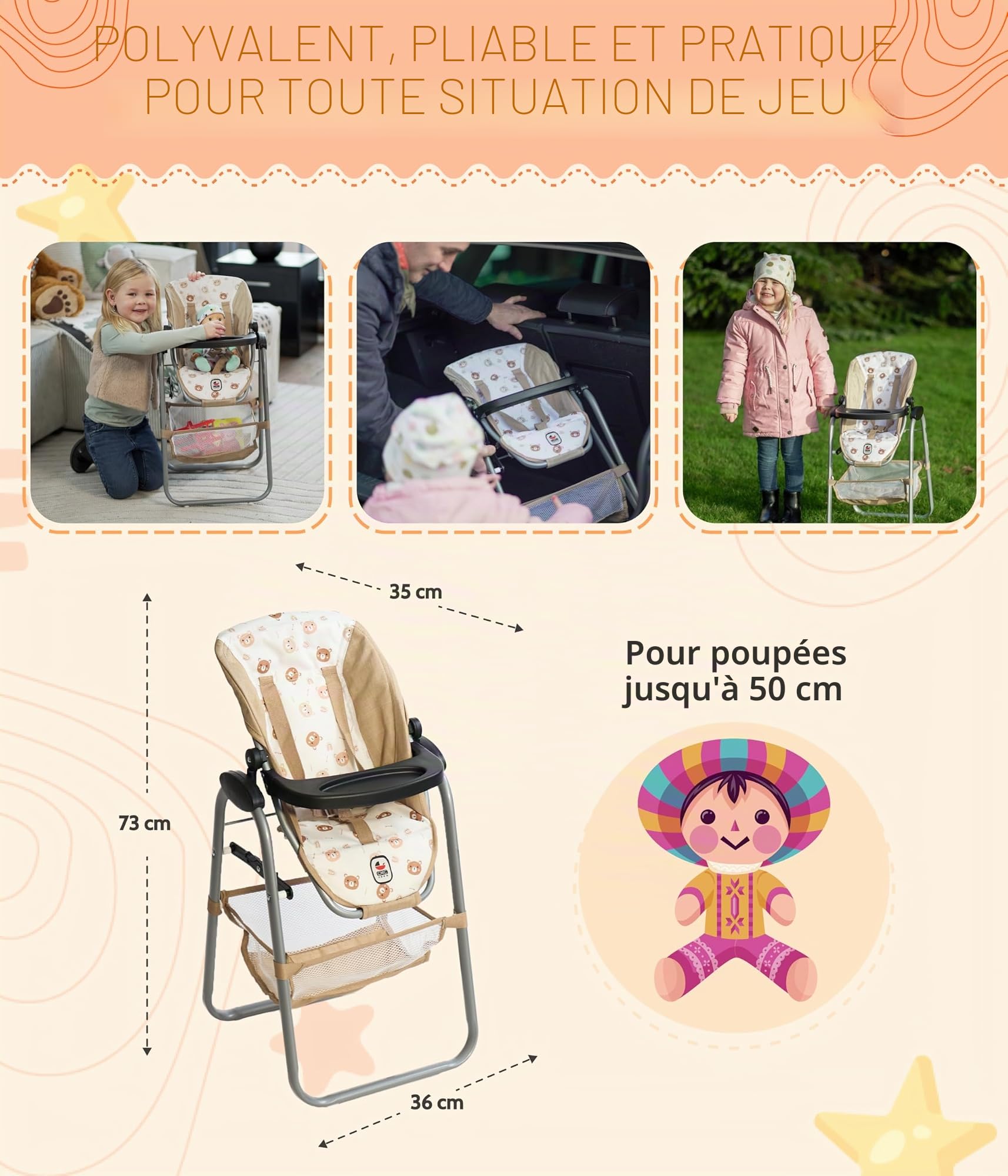 Bayer Chic 2000 Chaise Haute pour poupées pour Enfants de 3 à 8 Ans, Chaise Haute pour poupée, Meubles de poupée, Accessoires pour poupées, oursons Beige