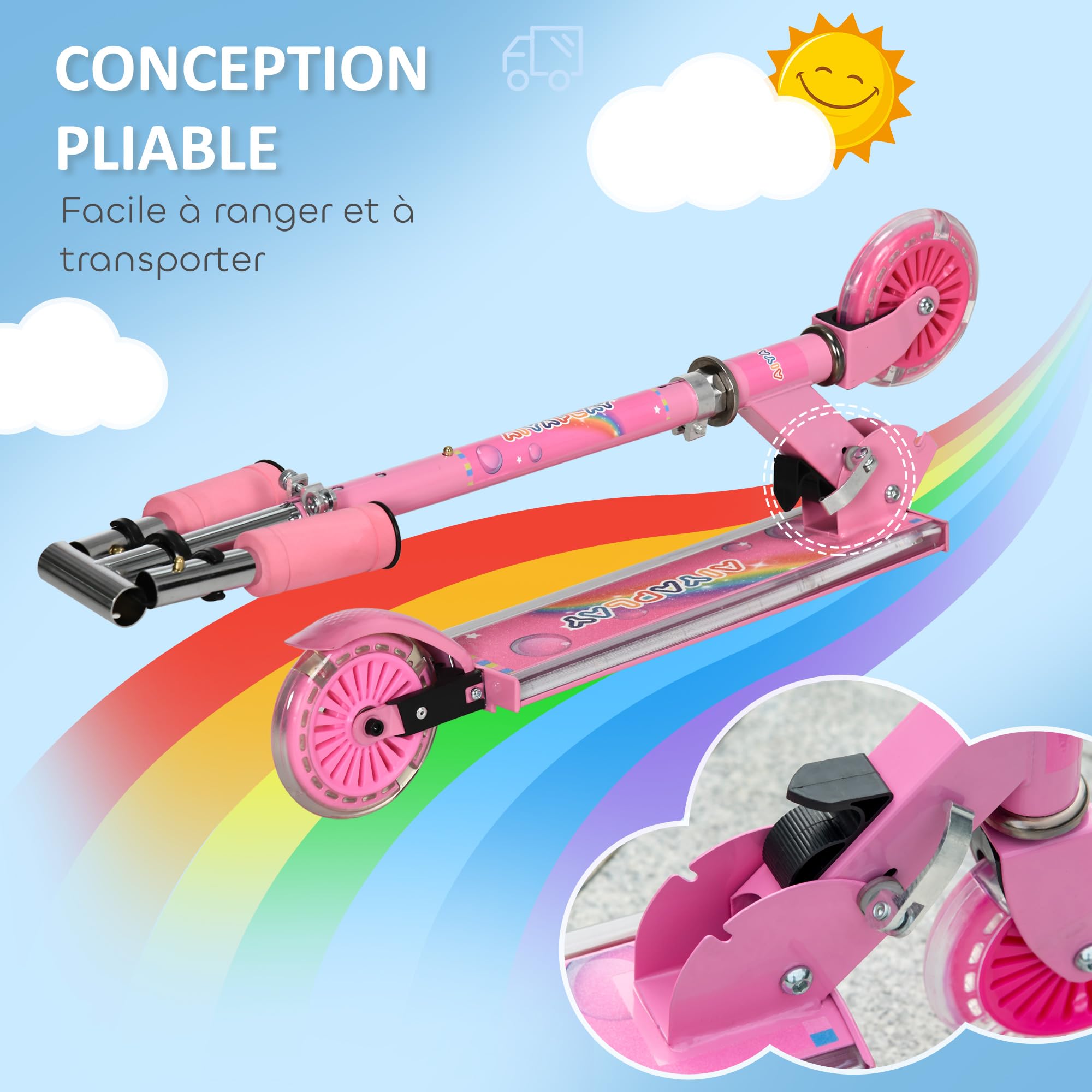 HOMCOM Trottinette pour Enfants de 3 à 7 Ans Pliable Roues Lumineuses en PU, 12 LED, Musique, Hauteur Guidon réglable sur 4 Niveaux, Frein à Friction