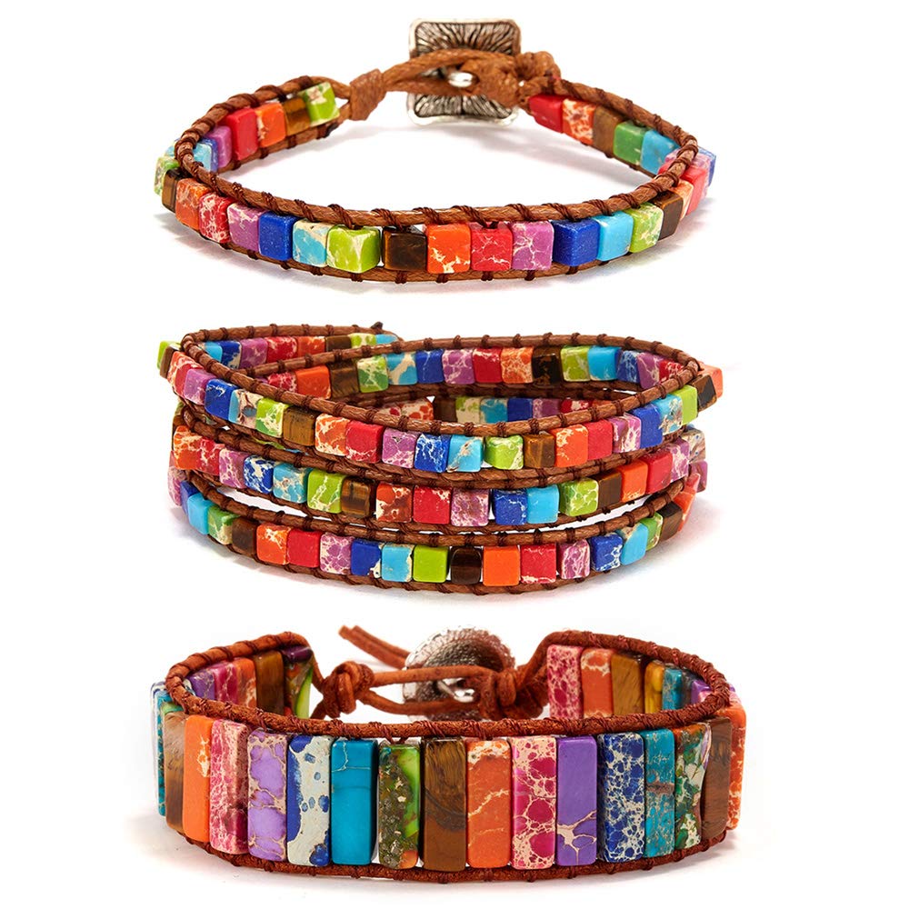 7 Chakra Yoga Bracelet Imperial Jasper Bracelet Adjustable Handmade Beaded Wrap Bracelets Healing Protection Nature Stone Bangle for Women Girl