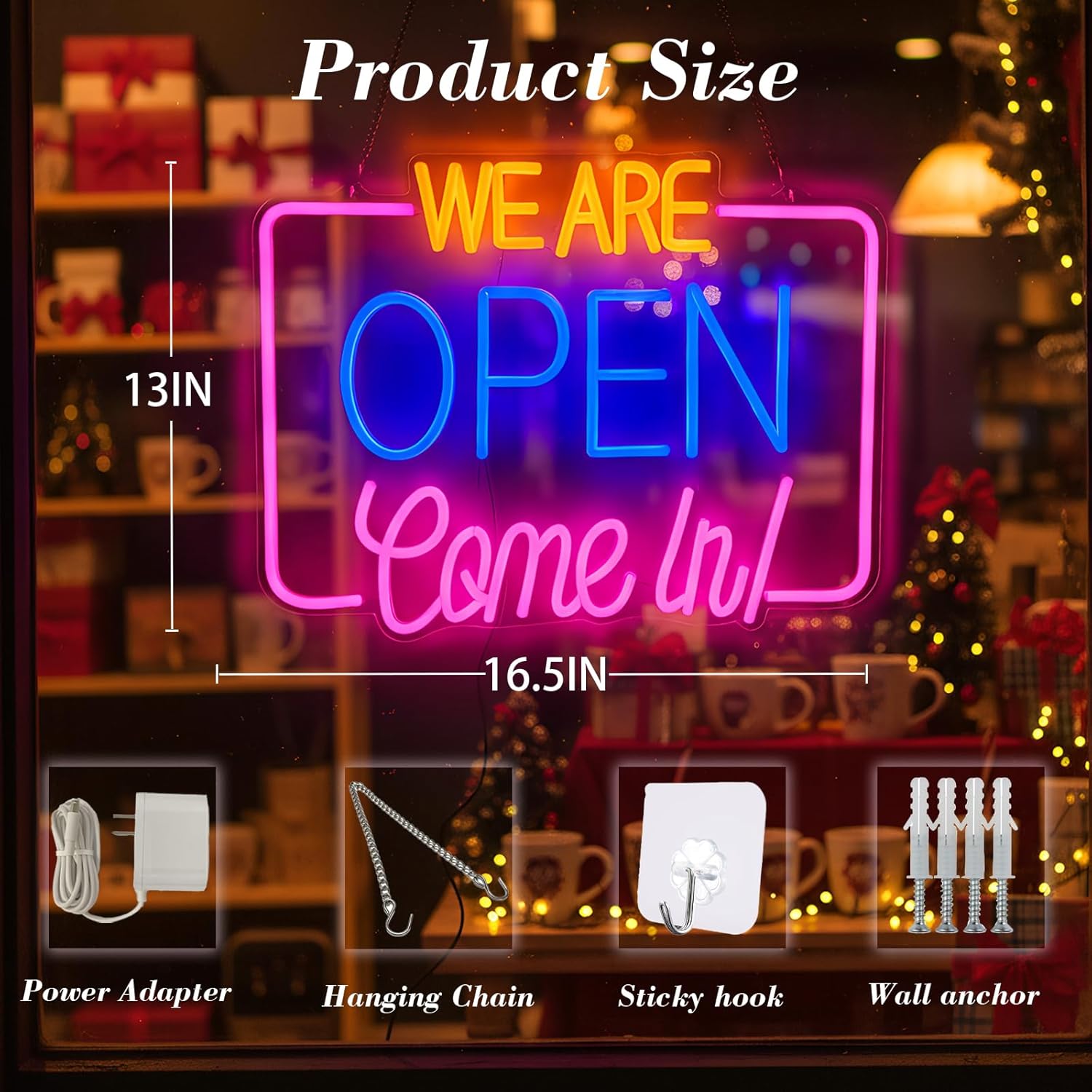 Open Sign for Business, LED Dimmable Neon Light with Adapter, 16.5" x 13", Pink blue yellow, Ideal for Window, Wall, Party, Bar, Coffee Shop, Nail Salons, and Store - Image 2