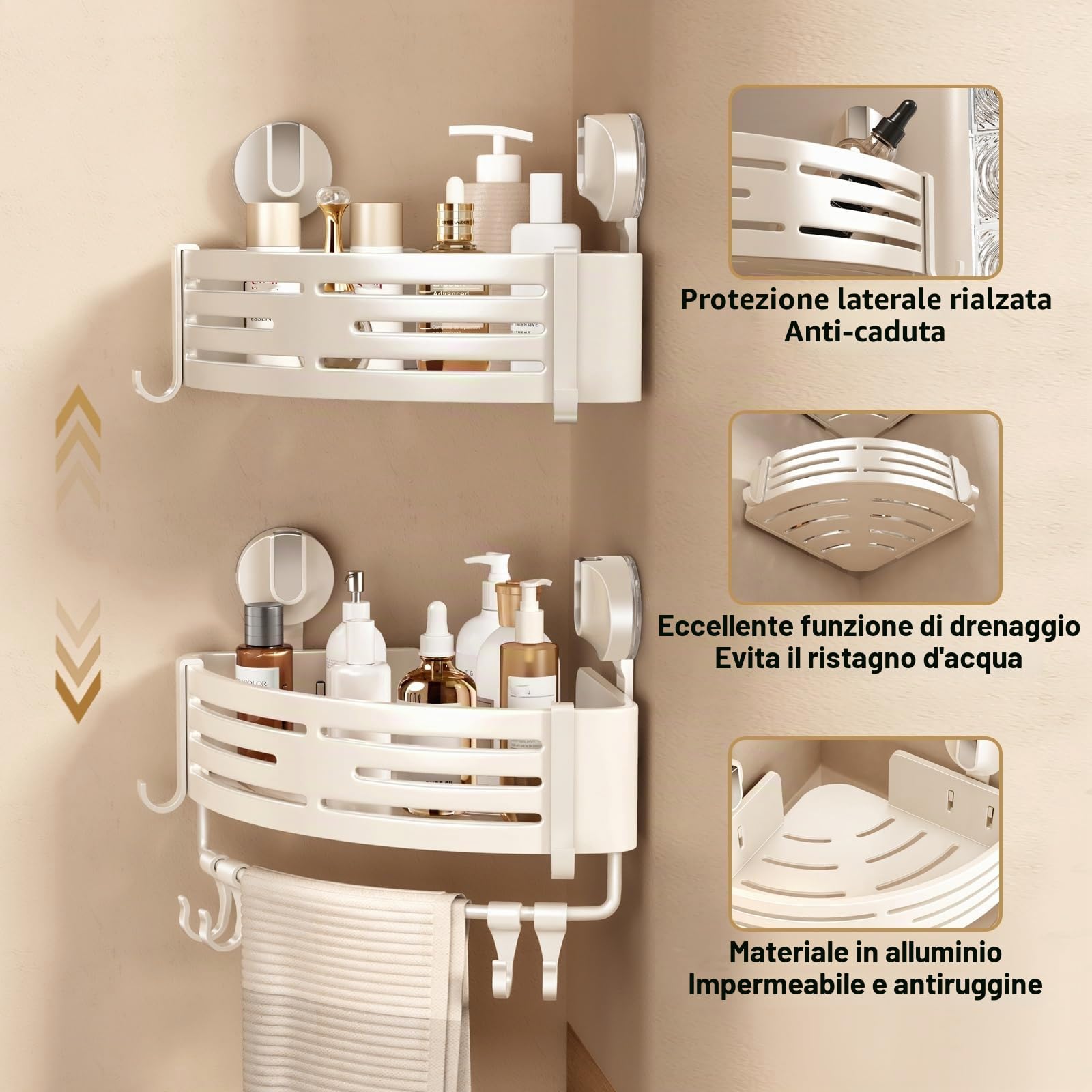 Voldra Mensola Doccia Angolare Ventose, 2 Pezzi Porta Sapone Per Doccia Senza Foratura Porta Bagnoschiuma da Doccia Bagno Portaoggetti Shampoo Doccia Angolare con Portasciugamani e Ganci (Bianco)