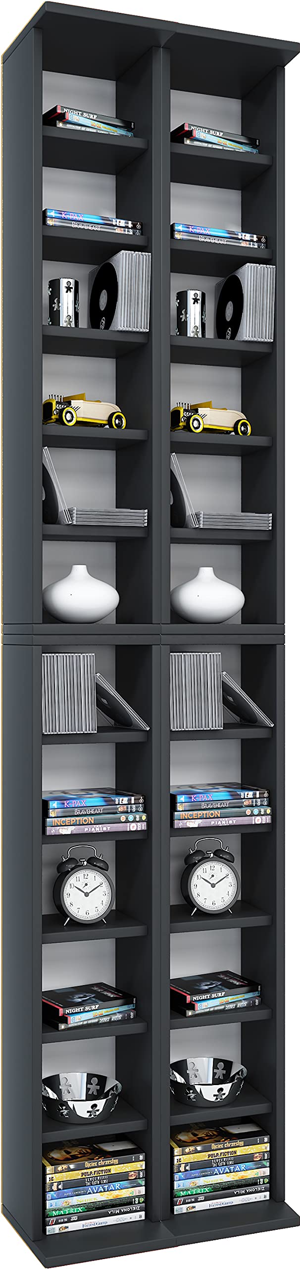 VCM Holz CD DVD Stand Regal | CD Regal mit Platz für 408 CDs oder 144 DVDs oder 80-Videos | Maße: H. 183 x B. 42 x T. 20 cm | Elegantes CD/DVD Regal | Blu ray Regal – Almera
