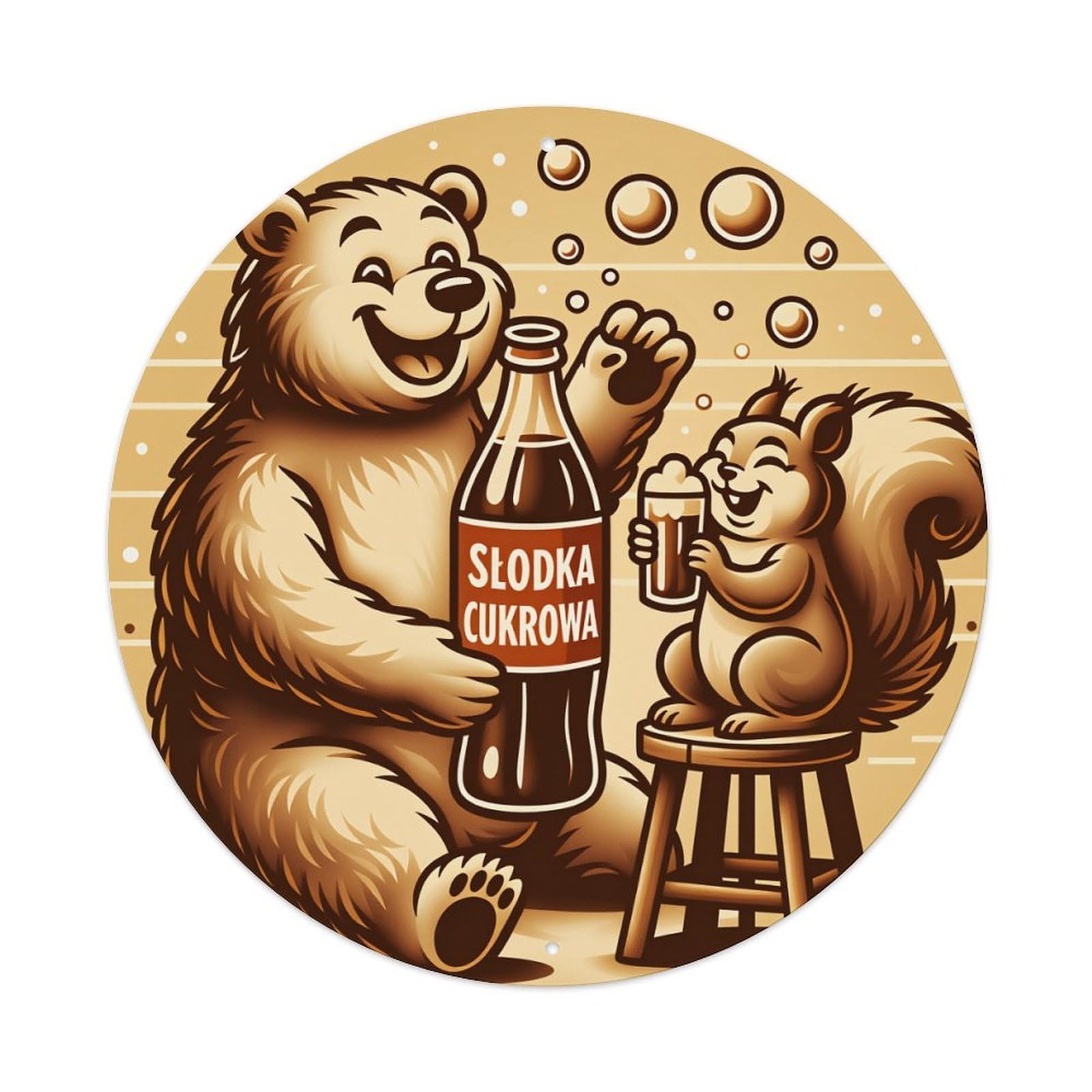 Bear Squirrel Bottle Drink Fun Round Tin Sign Vintage Metal Poster Retro Bar, Home, Man Cave, Kitchen, Laundry Room Wall Art Decor Gift 8x8Inch