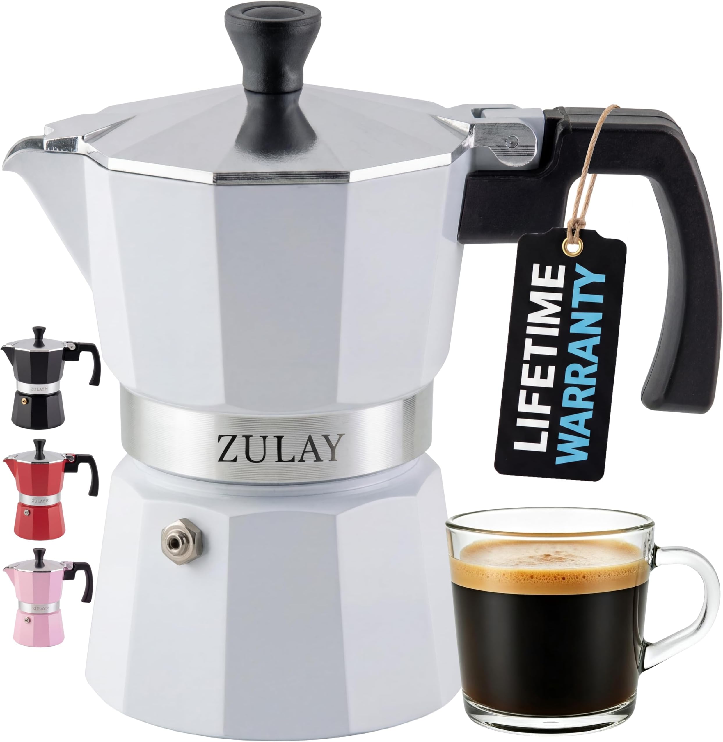Zulay Moka Pot Espresso Stovetop Coffee Maker - Leak-Proof, Stainless Steel, Easy to Clean, Heat Resistant Handle & Knob - for Authentic Cuban & Italian Style Espresso - Makes 3 Espresso Cups - White