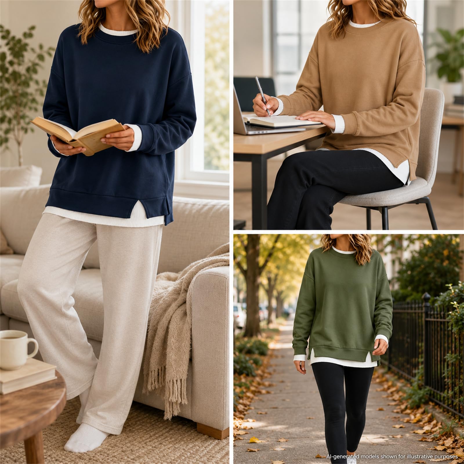 Generisch Felpa da donna con scollo rotondo, effetto stratificato, a