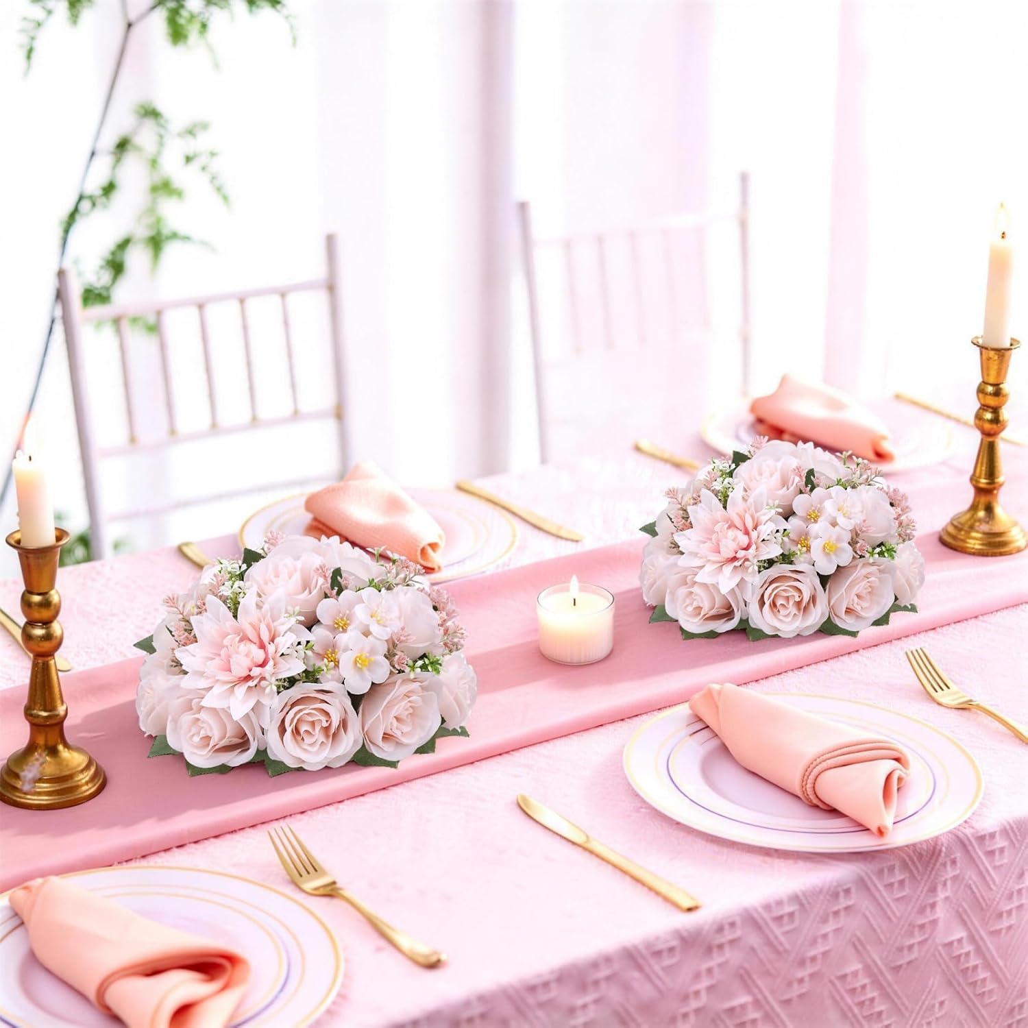 Zythrem Flower Balls Centerpieces for Tables 10 PCS 9.5 Inch Diameter Pink Rose Dahlia Floral Arrangements Centerpiece for Wedding Party Fake Silk Kissing Ball for Home Celebration Decoration