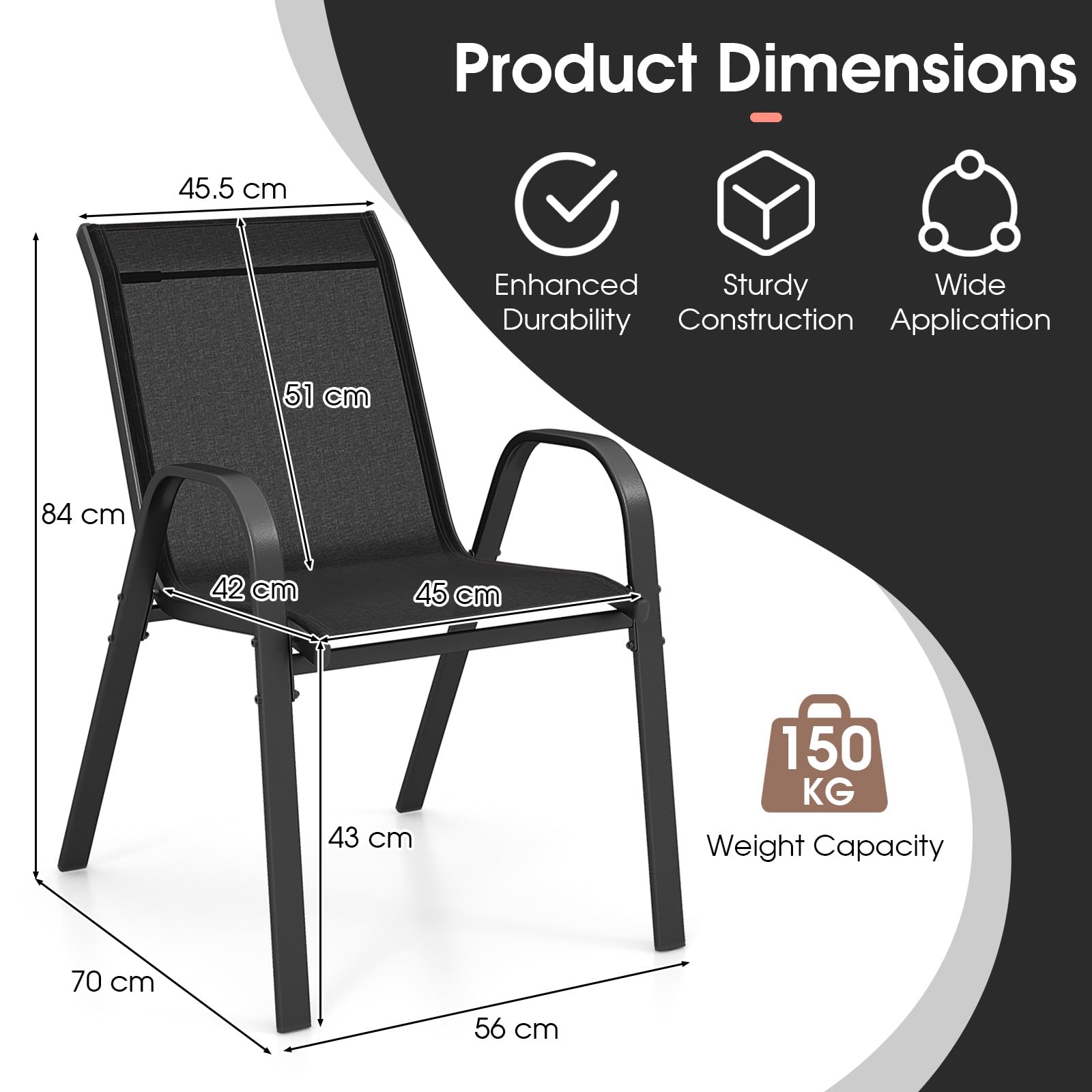 GIANTEX 4er Set Gartenstühle Stapelbar, Balkonstühle aus Textilene & Metall, Stapelstühle Hochlehner mit Armlehnen, Terrassenstühle Outdoor belastbar bis 150 kg (4, Schwarz, 56x70x84 cm)