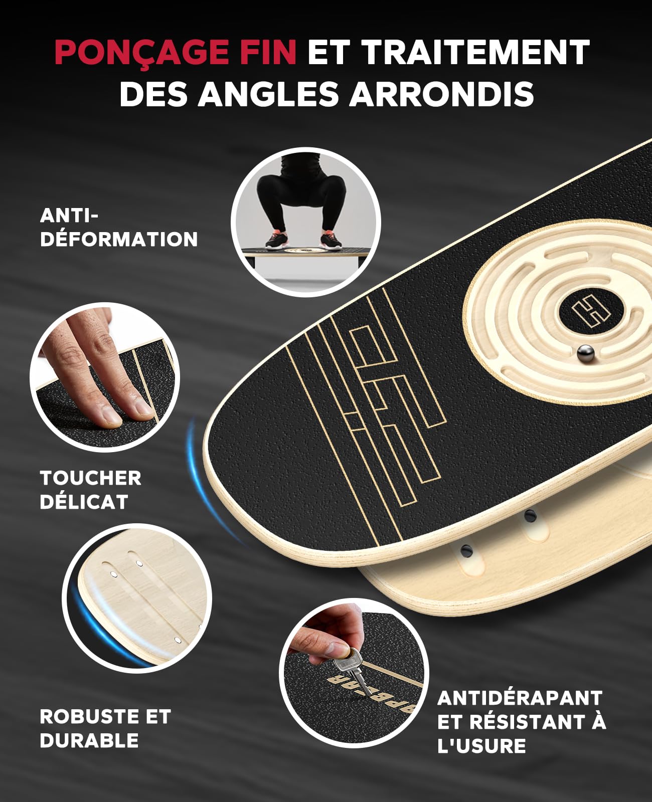 HAPBEAR Planche d'Équilibre Oscillante 6 Modes avec Butées Réglables,Planche d'Équilibre à Plusieurs Niveaux pour l'Entraînement Surf,la Concentration,le Contrôle de l'Équilibre et la Kinésithérapie