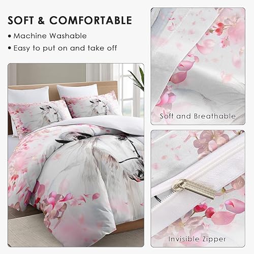 Miniatura 5 de Juego de funda de edredón de tamaño individual con funda de almohada, juego de ropa de cama de primavera de caballo con cierre de cremallera para