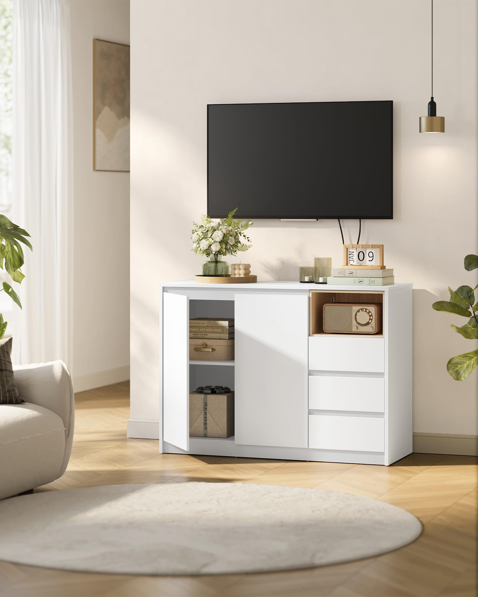 VASAGLE Kailyn Kollektion - Aufbewahrungsschrank, Sideboard, Küchenschrank mit Türen, höhenverstellbare Ablage, 3 Schubladen, modern, 40 x 103,3 x 74,5 cm, wolkenweiß BBK273W21V1